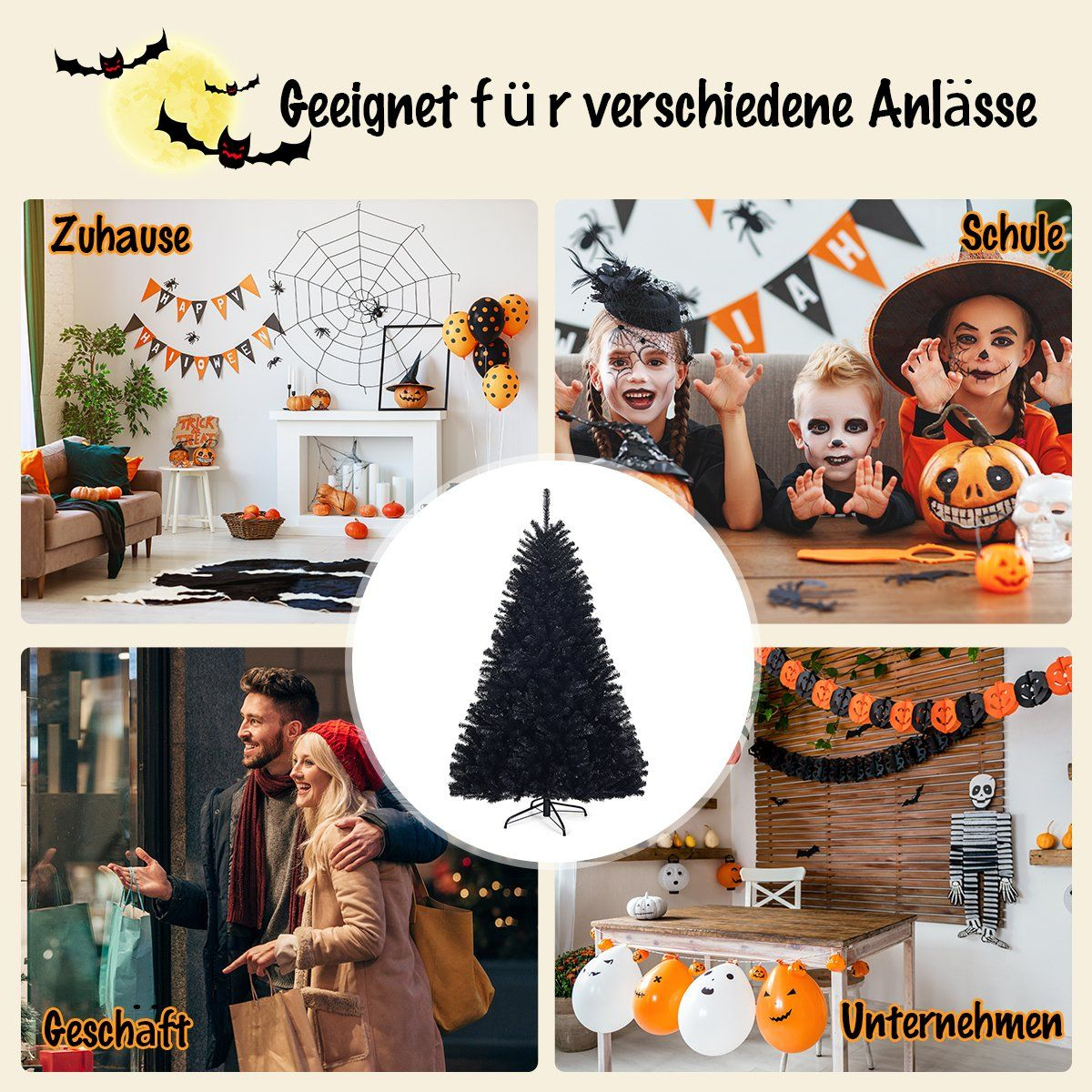Una imagen de Halloween con un árbol de Navidad negro en el centro y decoraciones para diferentes ocasiones como el hogar, la escuela y los negocios.