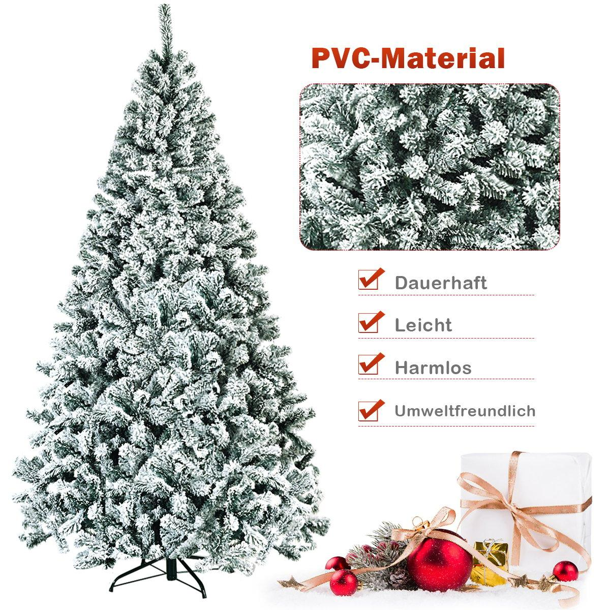 Un árbol de Navidad nevado se encuentra junto a texto e imágenes. Decoraciones y una caja de regalo en la parte inferior. Se anuncia material de PVC.