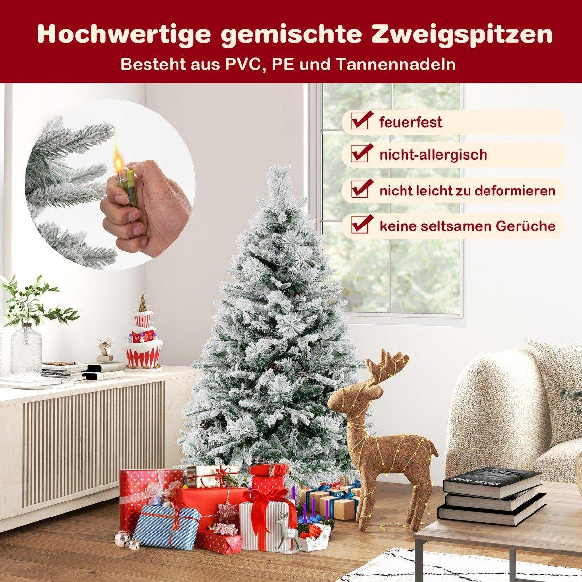 Un árbol de Navidad decorado con regalos, una estatua de reno y texto sobre resistencia al fuego, no alergénico y sin olores extraños.