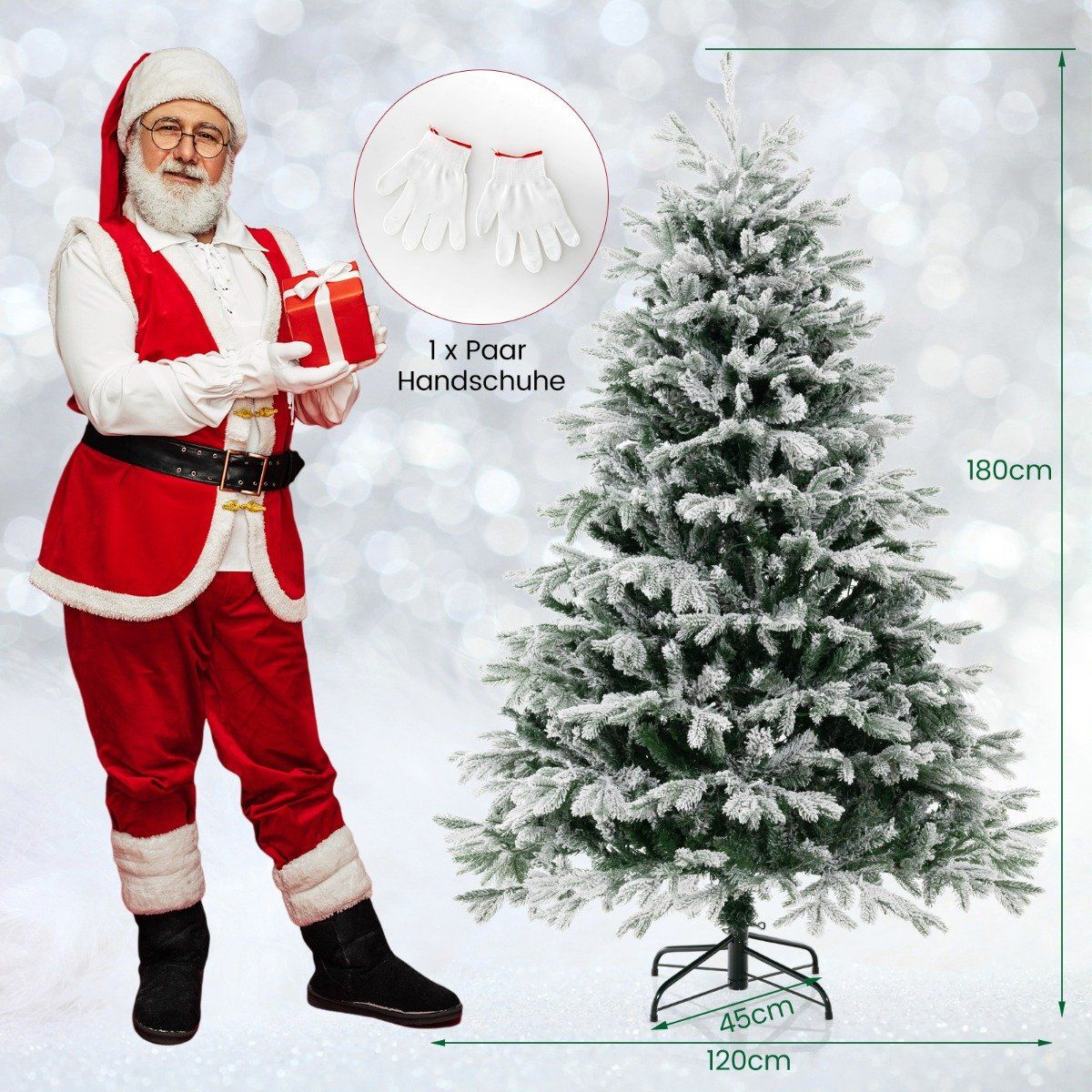 Papá Noel con un regalo junto a un árbol de Navidad nevado. También se muestran guantes blancos. Dimensiones del árbol.