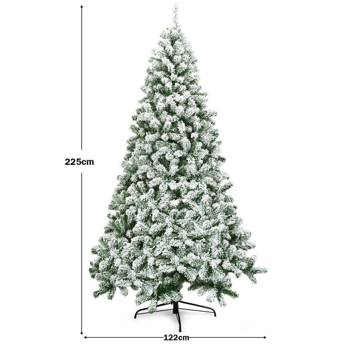 Un árbol de Navidad cubierto de nieve, 225 cm de alto y 122 cm de ancho, sobre un soporte de metal negro, sobre fondo blanco.