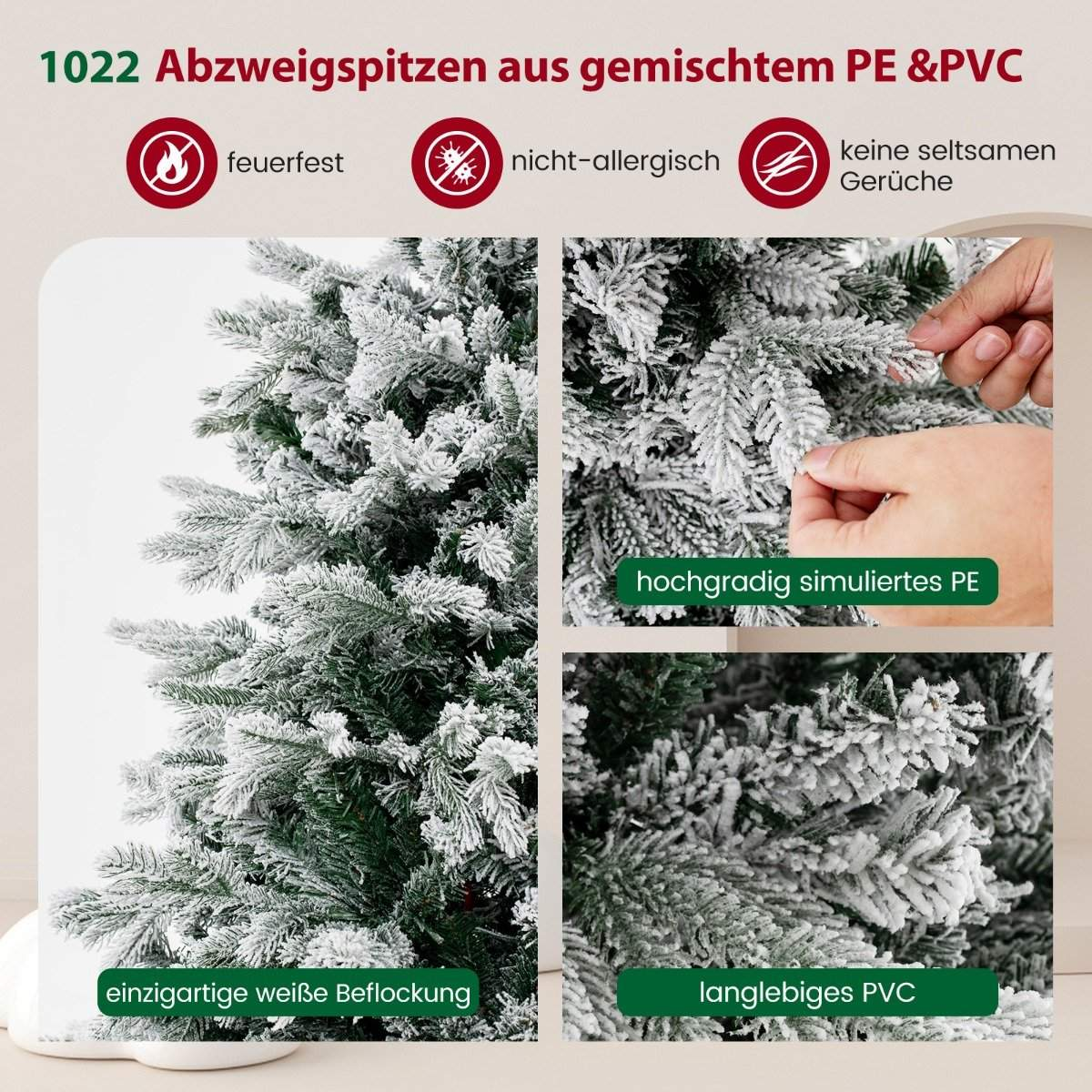La imagen muestra un primer plano de un árbol de Navidad artificial cubierto de nieve. El texto destaca características como la resistencia al fuego y la no alergia.