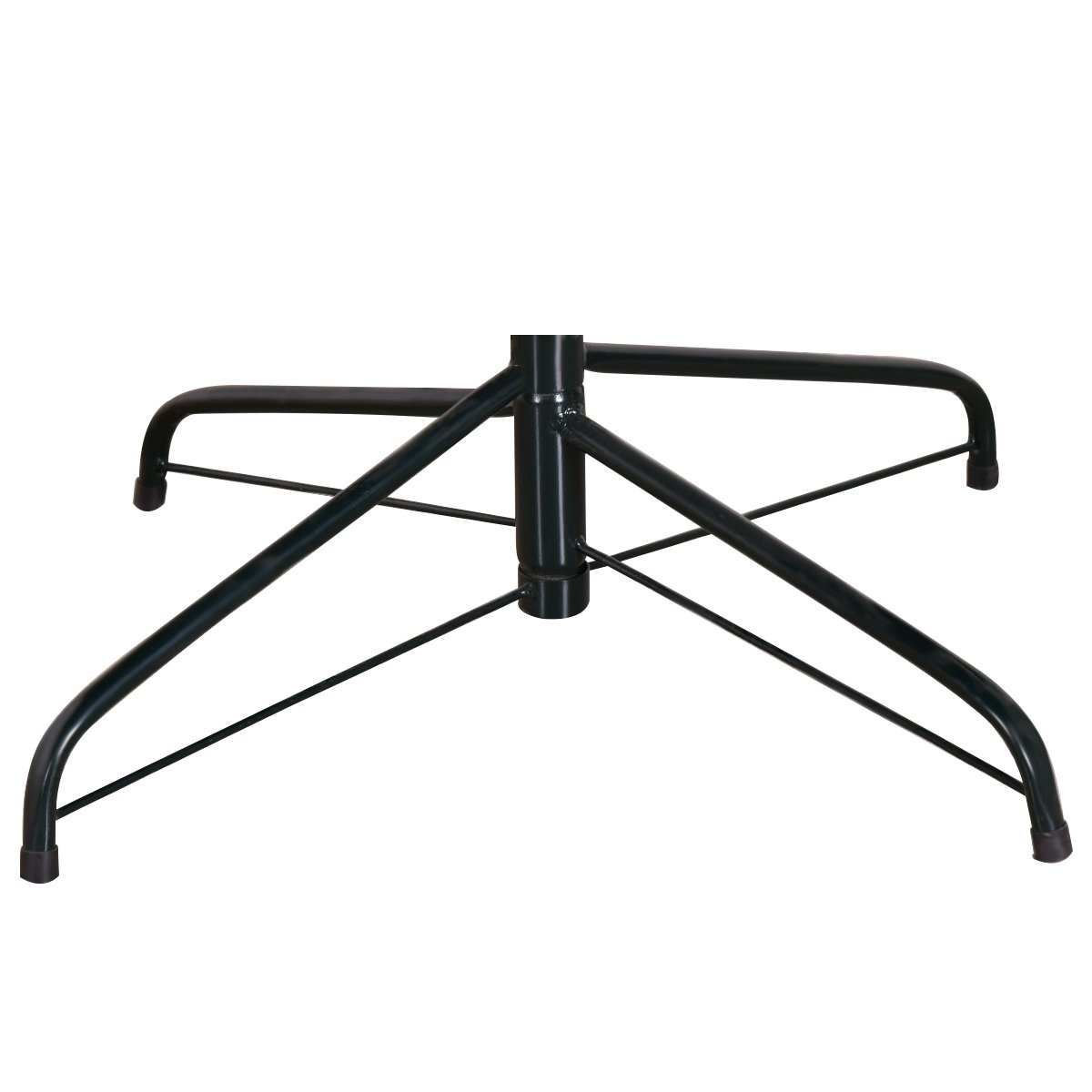 Un soporte de metal verde oscuro para árbol de Navidad. Tiene un poste central sostenido por cuatro patas que se curvan hacia afuera. Pies de goma negros.