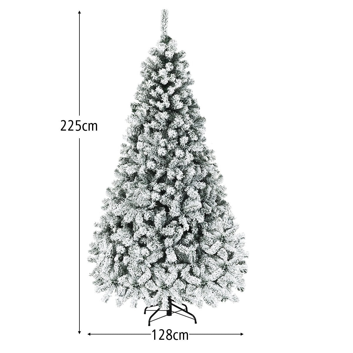 Se muestra un árbol de Navidad nevado con medidas. Mide 225 cm de alto y 128 cm de ancho. El árbol se apoya en una base de metal negro.