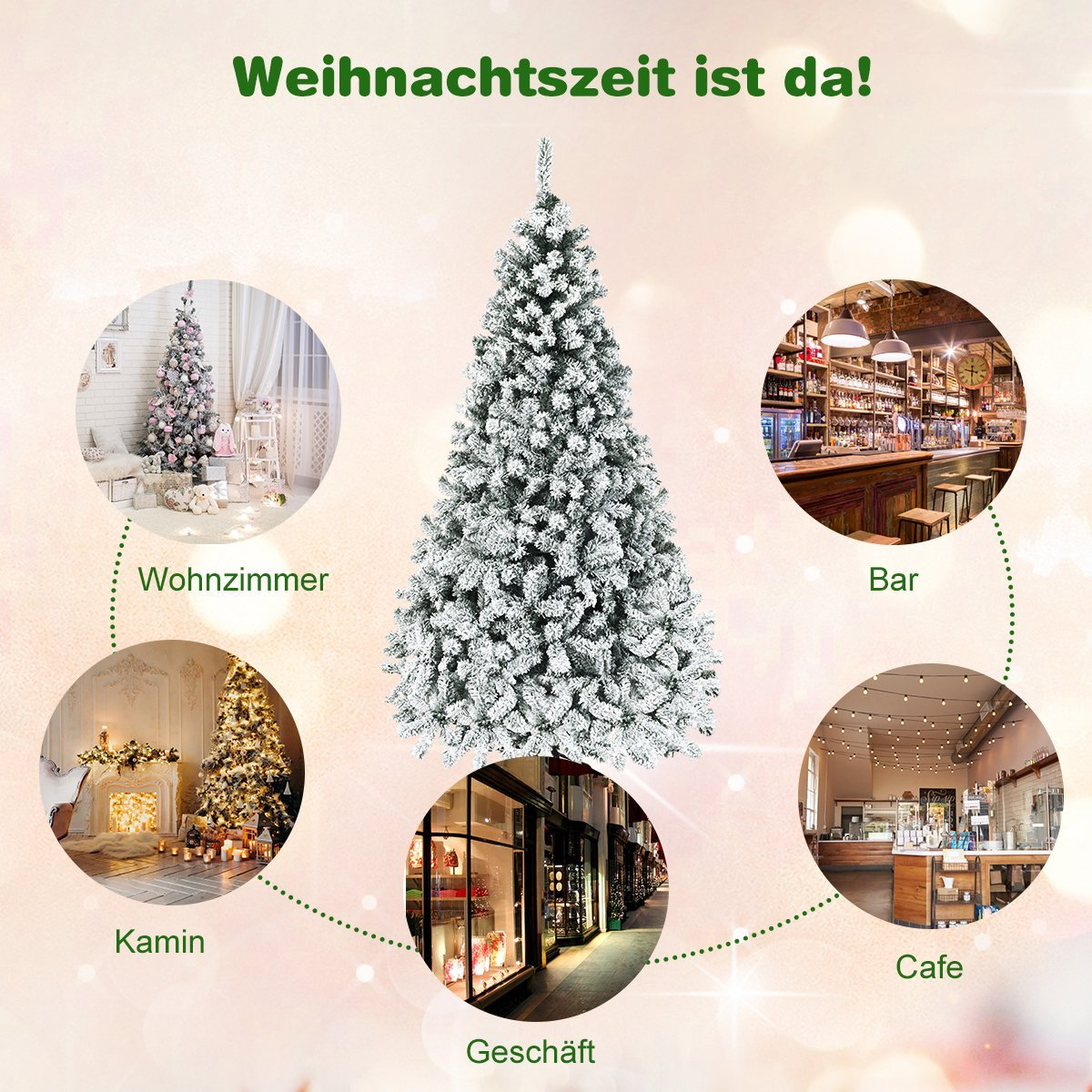 La imagen muestra un árbol de Navidad decorado con escenas de salón, bar, chimenea, tienda y cafetería, tema festivo.