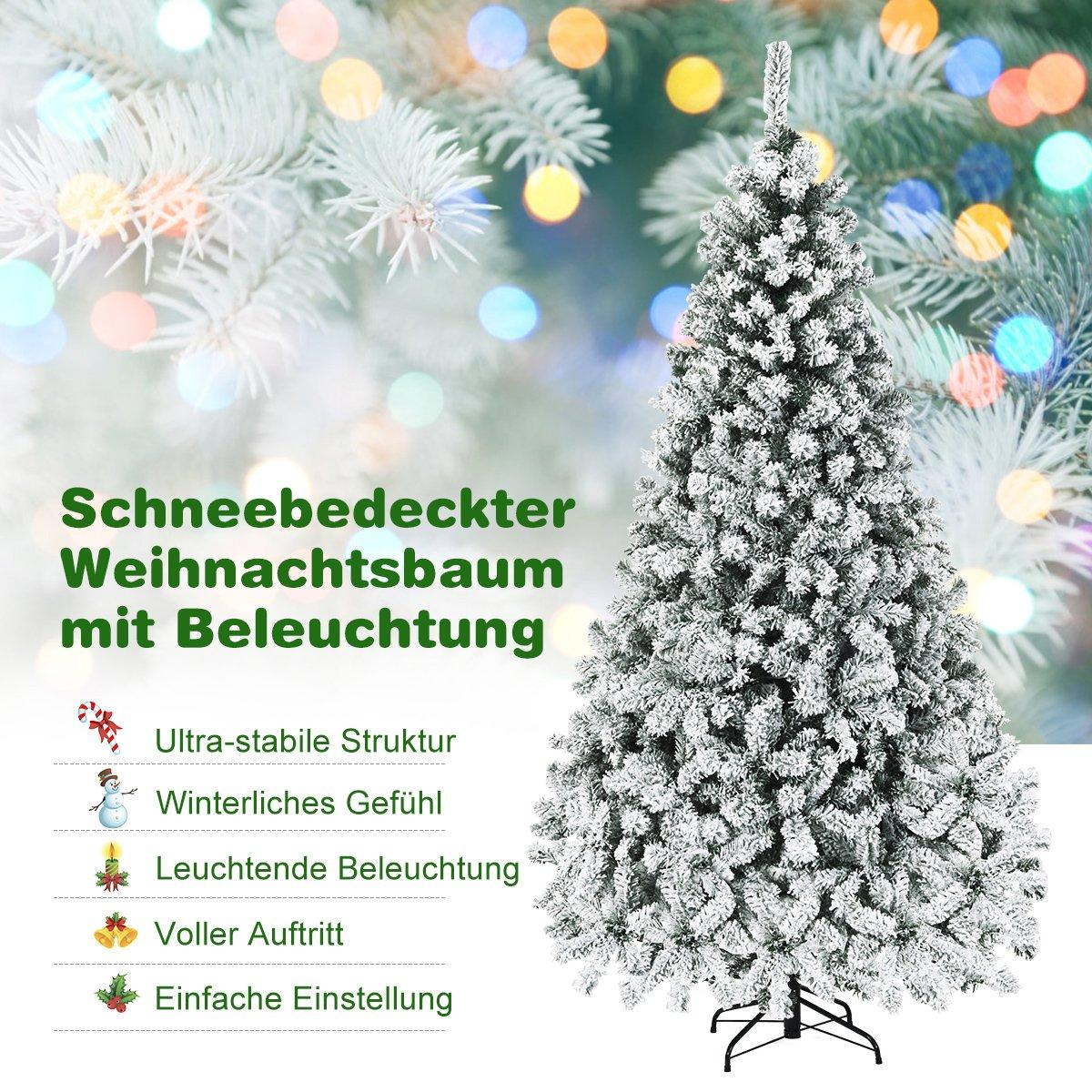 Un árbol de Navidad cubierto de nieve con luces. La imagen muestra el árbol en detalle, con texto en alemán que describe características.