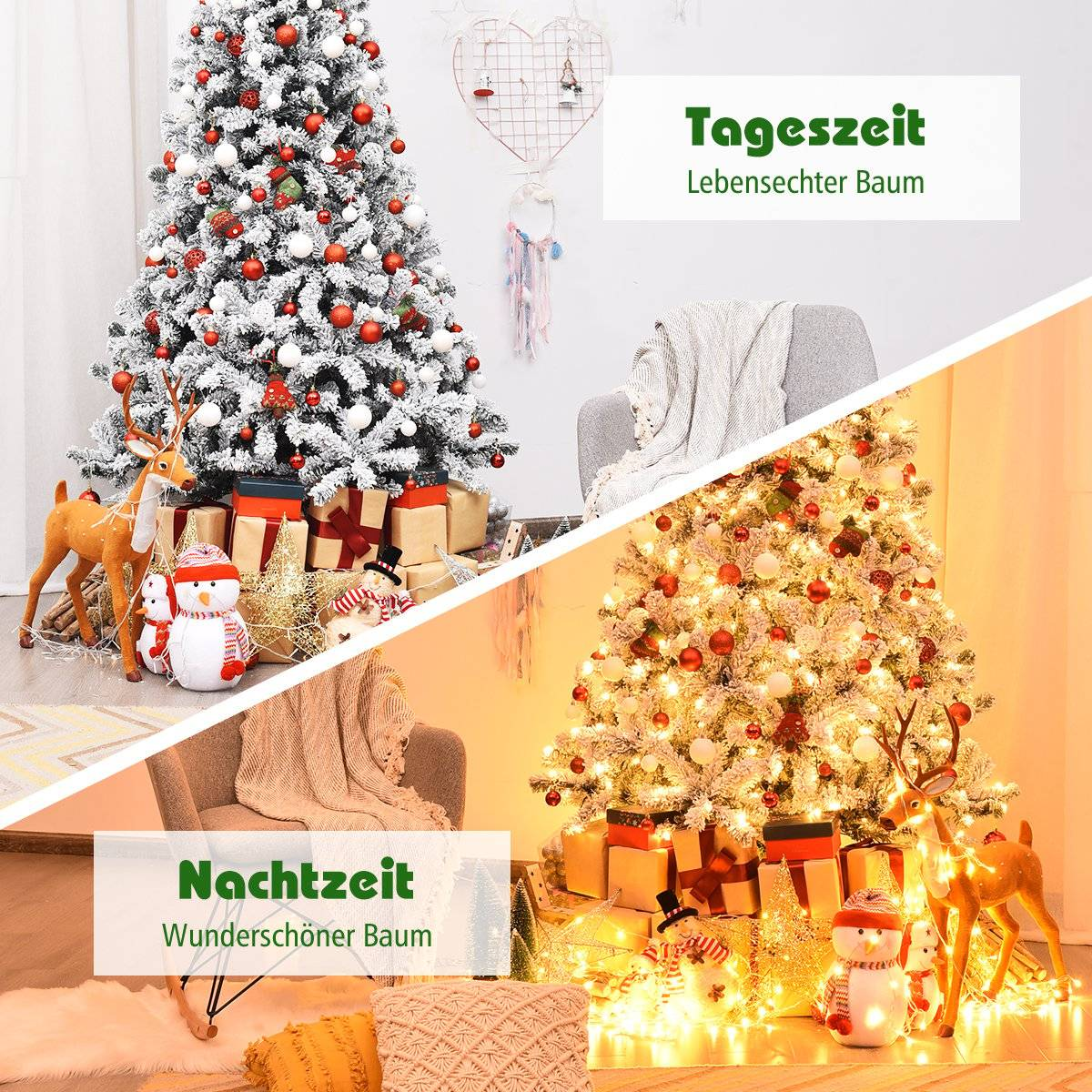 Dos árboles de Navidad, uno iluminado. Las decoraciones incluyen adornos, regalos, renos y muñecos de nieve. Texto: Tageszeit, Nachtzeit.
