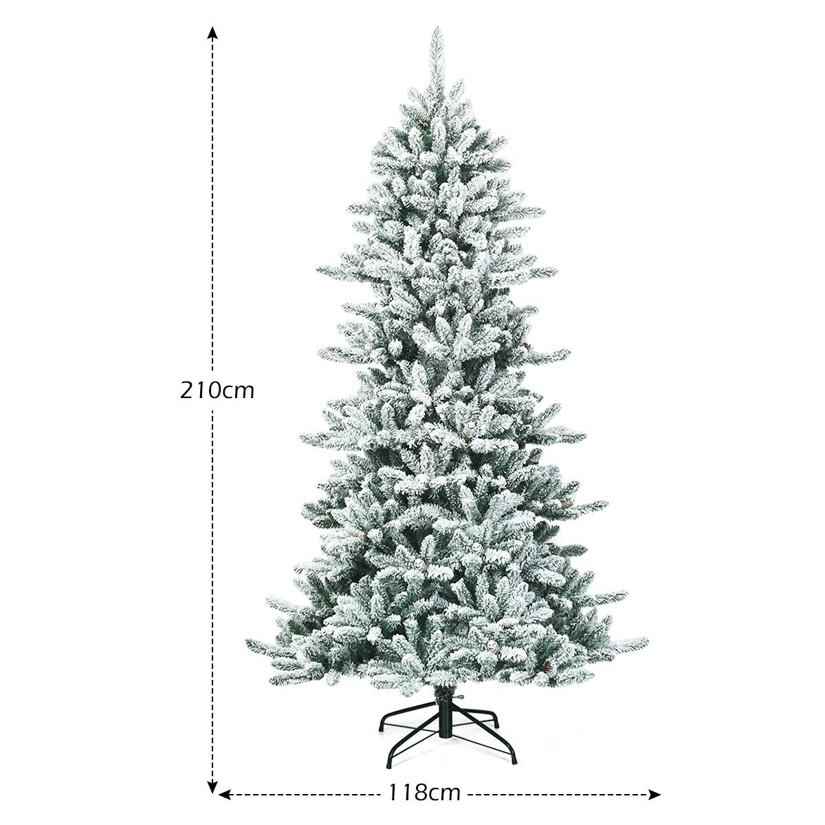 Un árbol de Navidad cubierto de nieve sobre un fondo blanco. Mide 210 cm de alto y 118 cm de ancho. El árbol está sobre una base de metal negro.