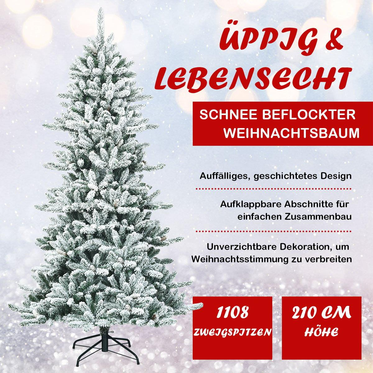 Un árbol de Navidad nevado. El texto dice: ÜPPIG & LEBENSECHT, SCHNEE BEFLOCKTER WEIHNACHTSBAUM. También, 1108 Zweigspitzen, 210 CM Höhe.