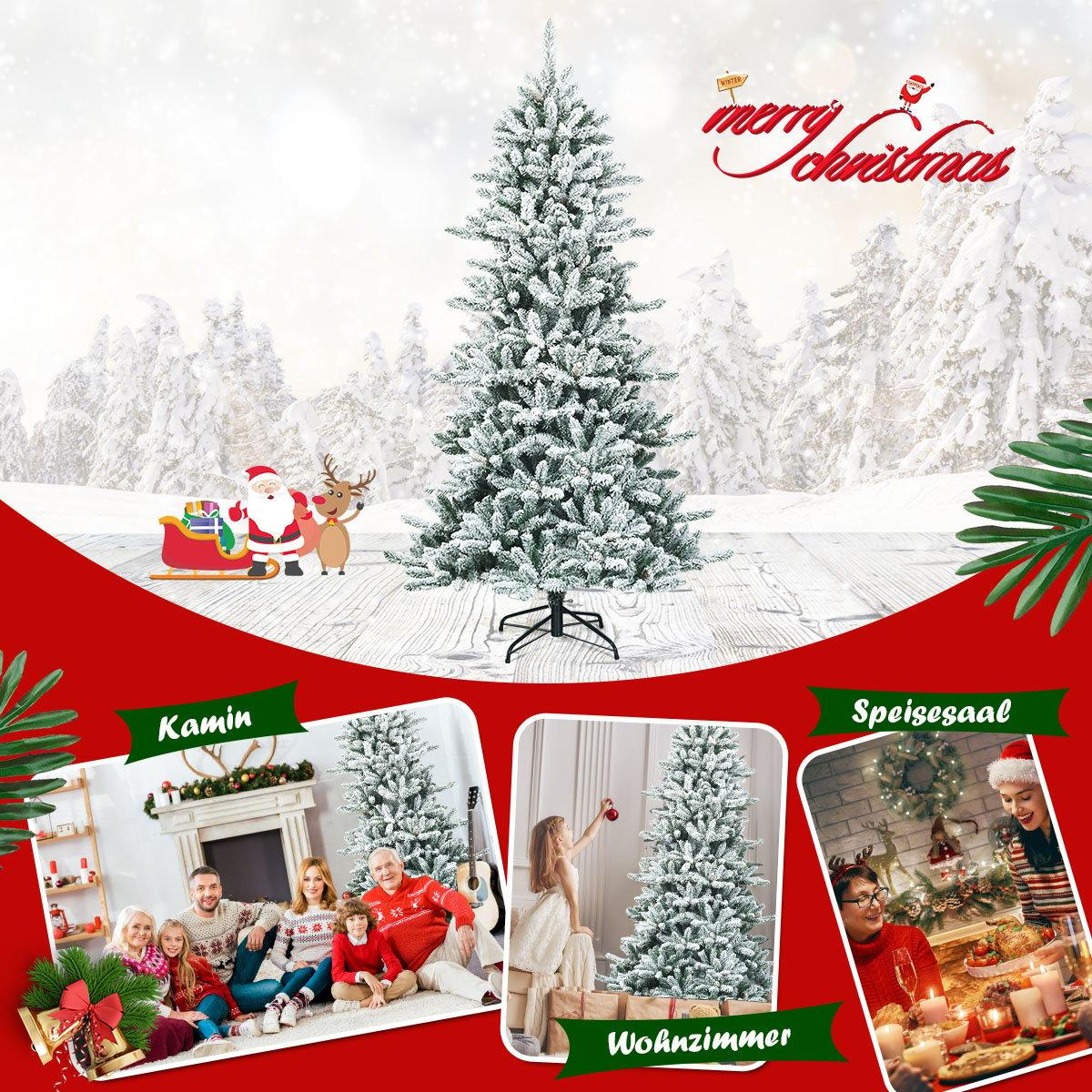 Un árbol de Navidad nevado con Papá Noel y renos sobre un fondo nevado. También se muestran fotos de personas celebrando la Navidad.