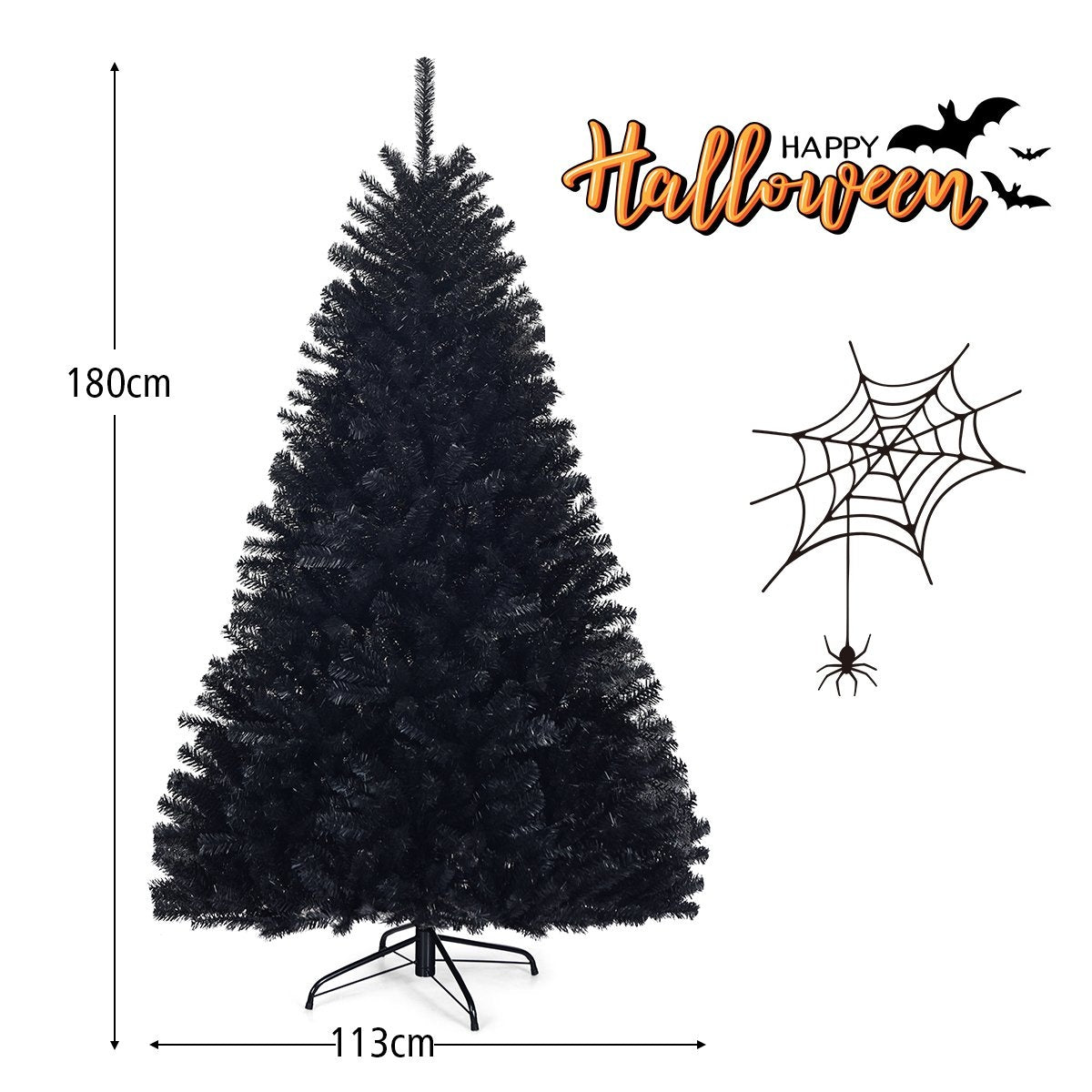 Un árbol de Halloween negro con telaraña, araña, murciélagos y texto 'Happy Halloween' sobre fondo blanco.