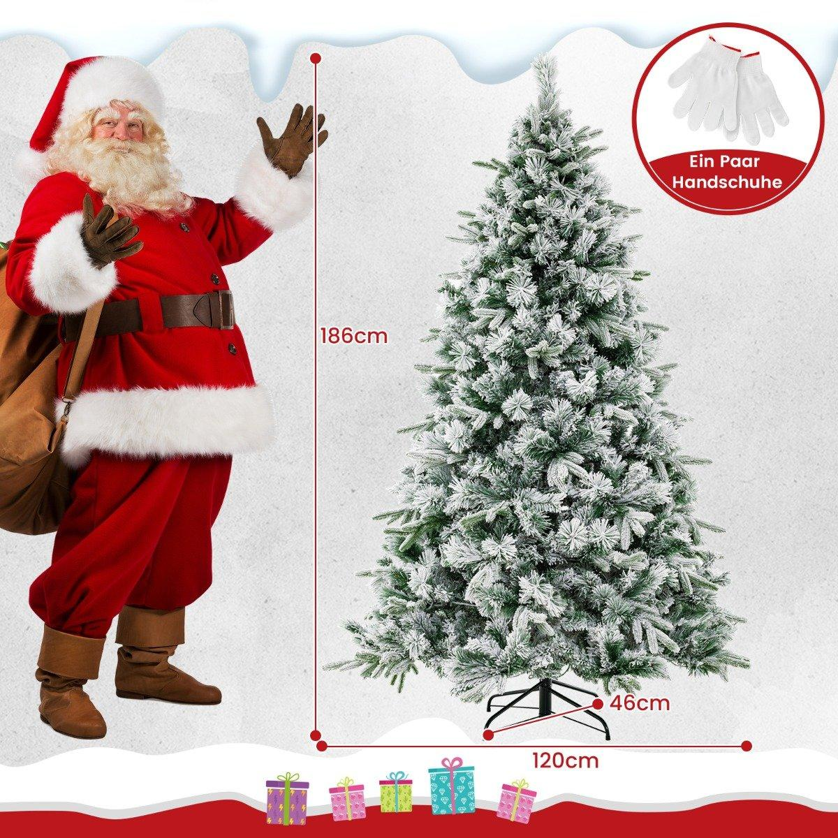 Papá Noel junto a un árbol de Navidad nevado. Texto muestra altura, ancho y guantes. Regalos abajo.