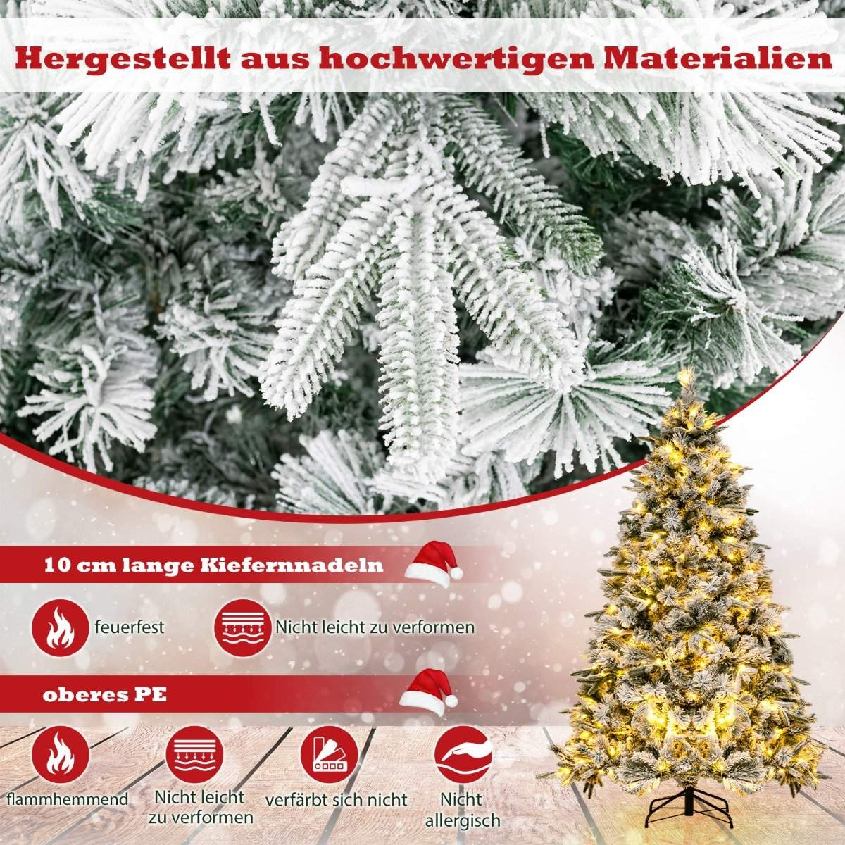 Un árbol de Navidad decorado con luces. En el fondo, hay texto en alemán. También hay varios iconos con texto.