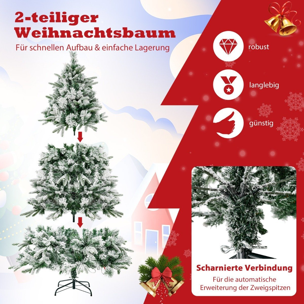 Un árbol de Navidad de dos partes con nieve. El texto incluye 'robusto', 'duradero' y 'barato'. Vista detallada de la conexión articulada.