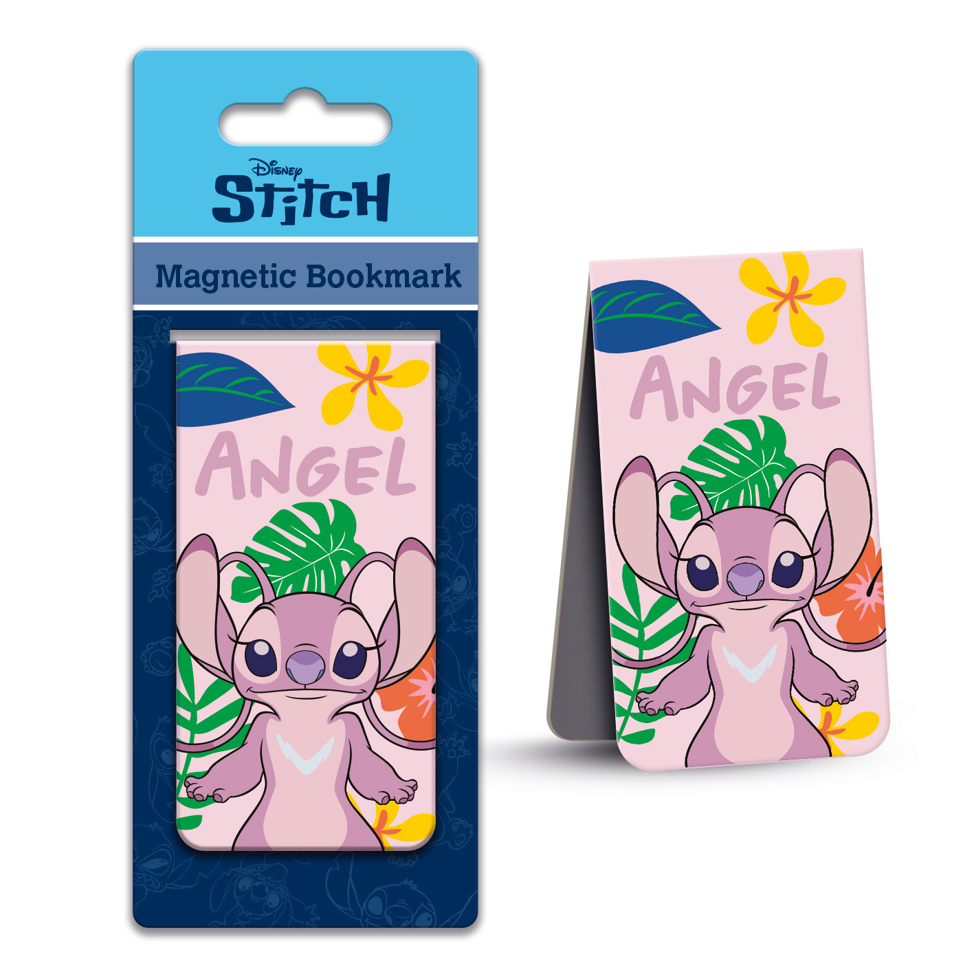Ein Stitch-Magnetlesezeichen mit Angel. Rosa und blaue Farben. Blumen und Blätter dekorieren den Hintergrund.