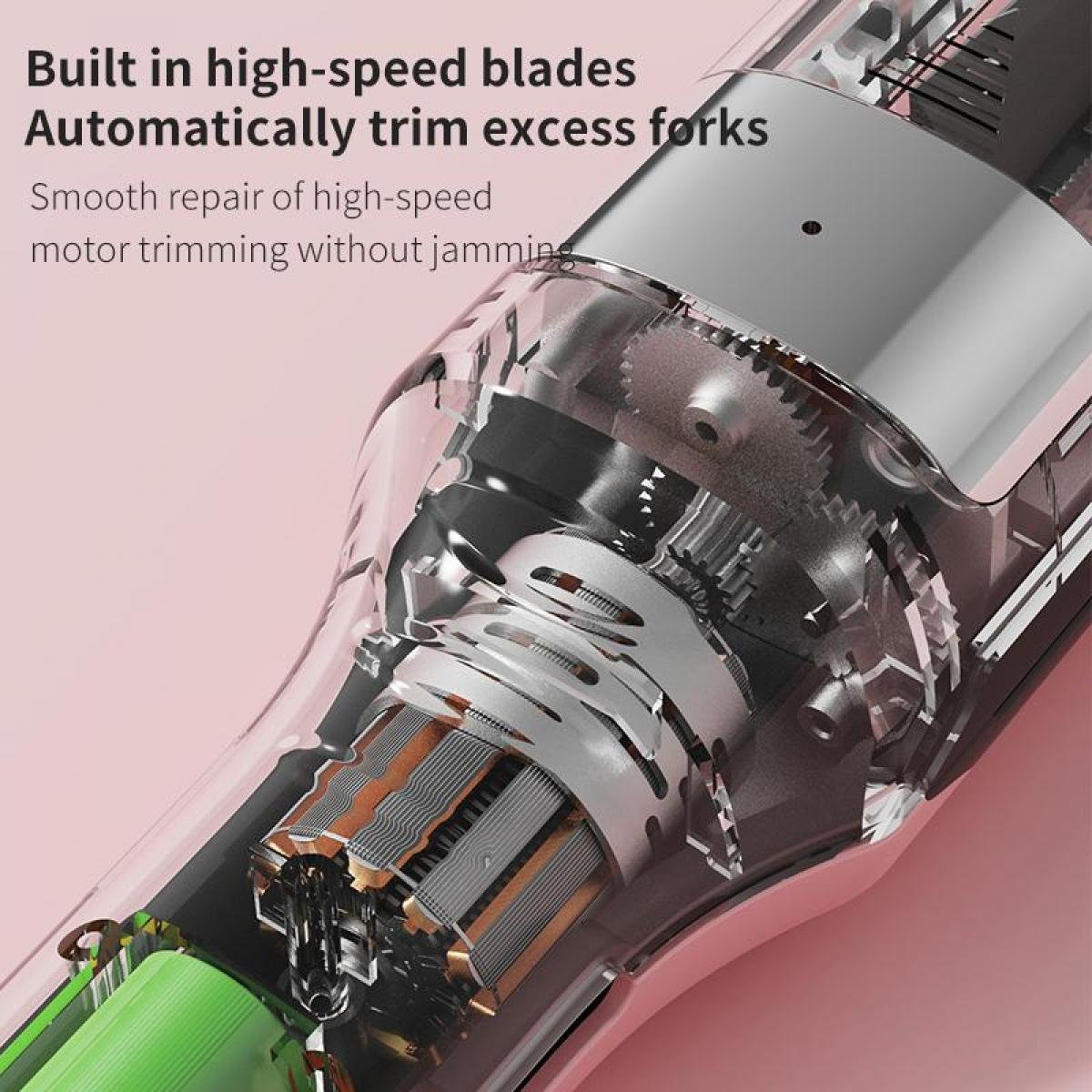 Nahaufnahme eines Hochgeschwindigkeitstrimmers mit Innenmechanismen, Klingen und Motor. Klare Kunststoffverkleidung enthüllt das Innenleben.