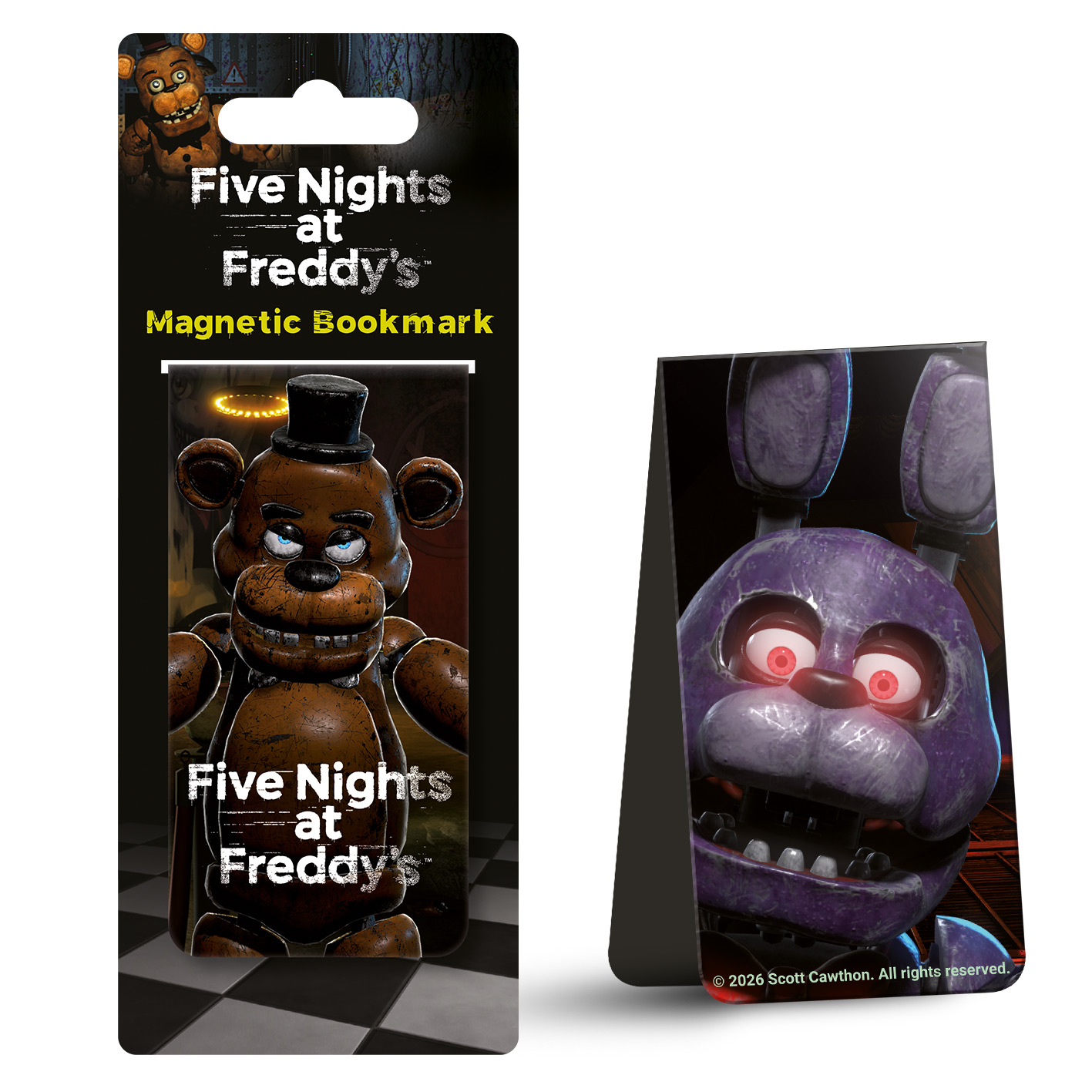 Ein Lesezeichen mit Freddy Fazbear und Bonnie von Five Nights at Freddy's. Eine Seite zeigt Freddy, die andere Bonnie.