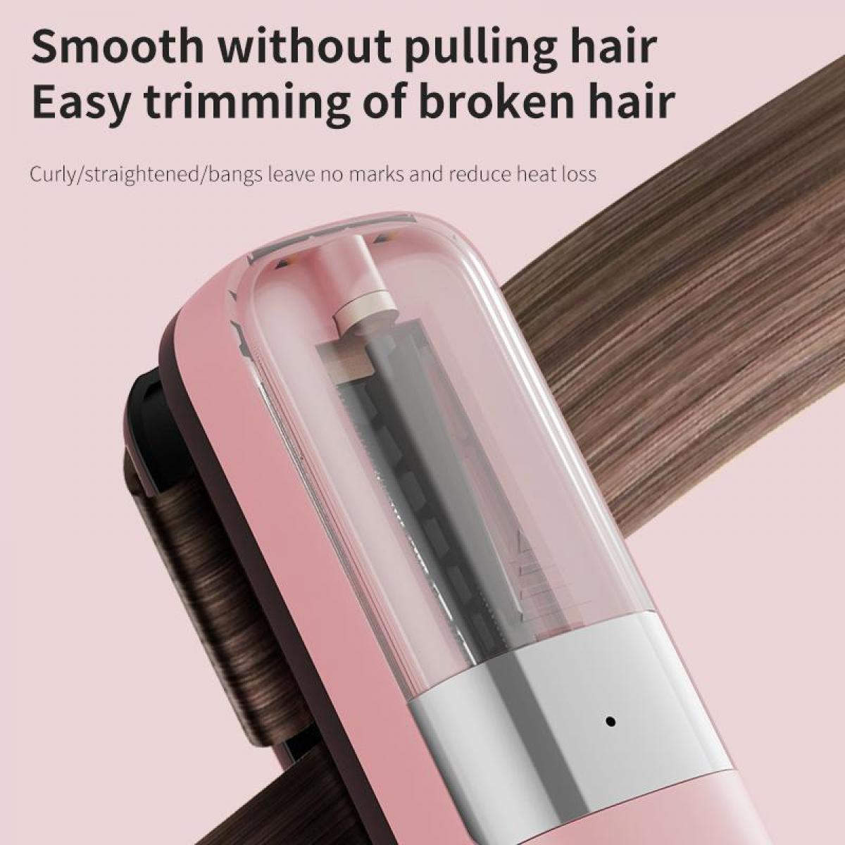 Ein rosa Haarstyling-Werkzeug mit braunen Haarsträhnen. Der Text lautet: sanft ohne Ziehen der Haare und einfaches Trimmen.
