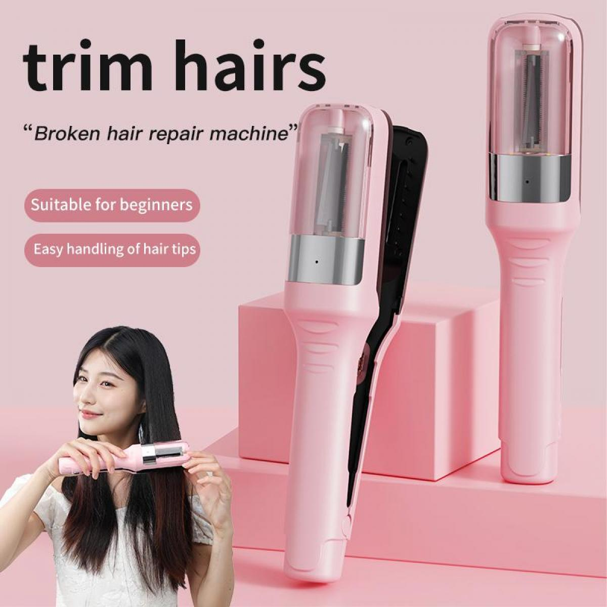 Eine Frau benutzt einen rosa Haarschneider. Der Trimmer wird als einfach zu bedienen und für Anfänger geeignet beworben.