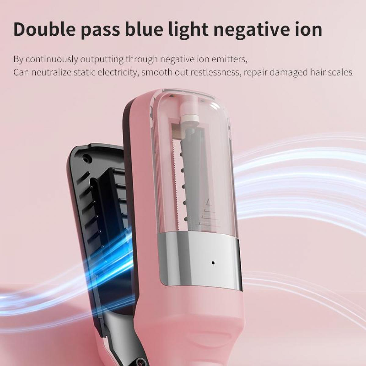 Ein pinkfarbener Haarglätter mit blauem Lichteffekt. Es hat eine transparente Abdeckung und einen schwarzen Griff. Der Hintergrund ist rosa.