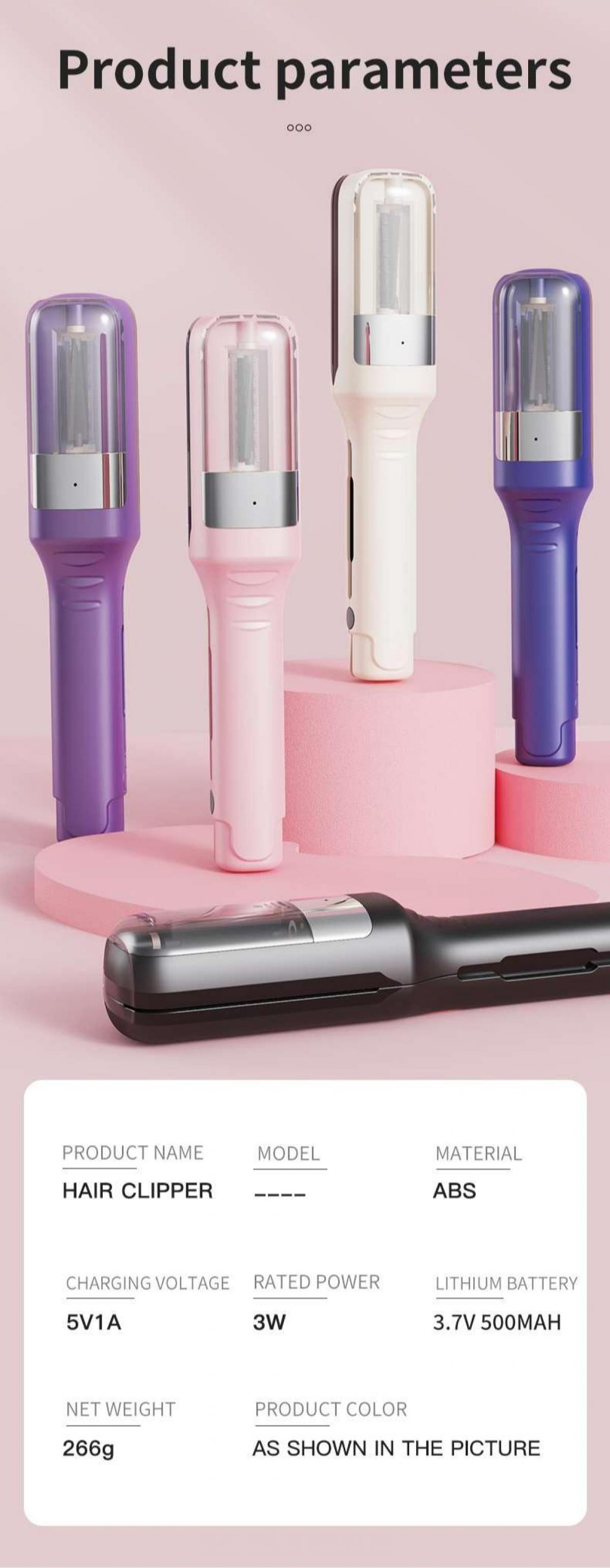 Das Bild zeigt Produktparameter, einschließlich Haarschneider in verschiedenen Farben, Ladeinformationen und Produktgewicht.