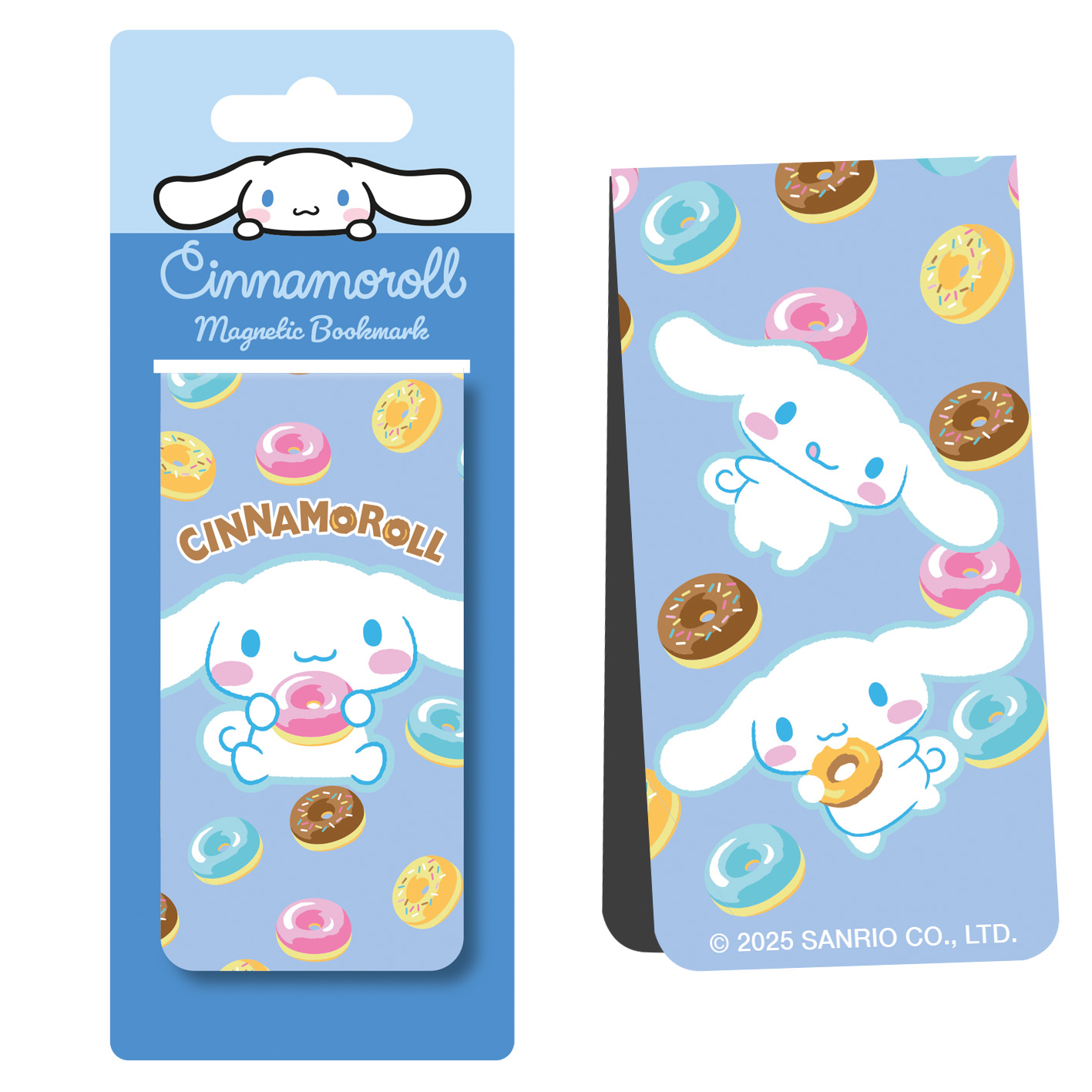 Cinnamoroll-Lesezeichen mit einem weißen Charakter und Donuts. Der Hintergrund ist hellblau. Das Lesezeichen ist magnetisch.