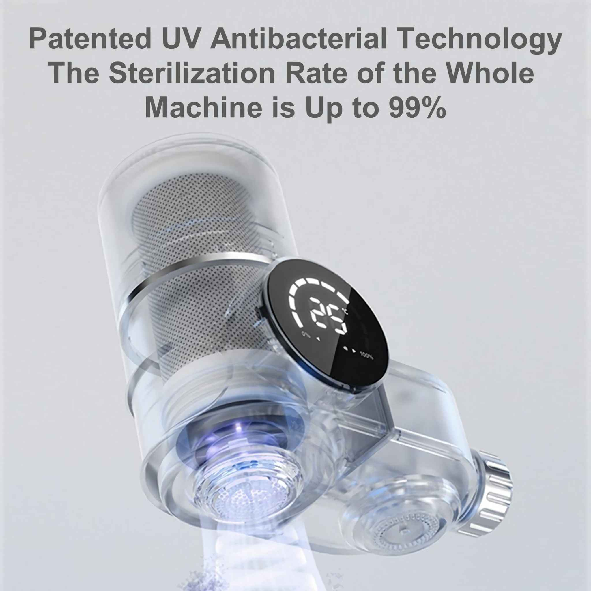 Ein klares antibakterielles Gerät mit Digitalanzeige. Text: Patentierte UV-Antibakterielle Technologie, 99% Sterilisation.