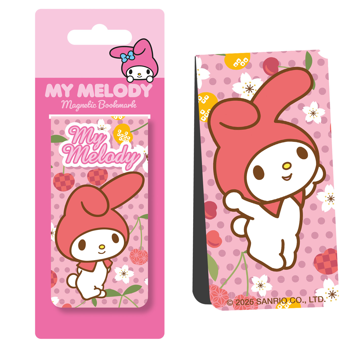 My Melody Lesezeichen. Rosa Hintergrund mit My Melody, Kirschen und Blumen. Verpackt auf rosa Karte.