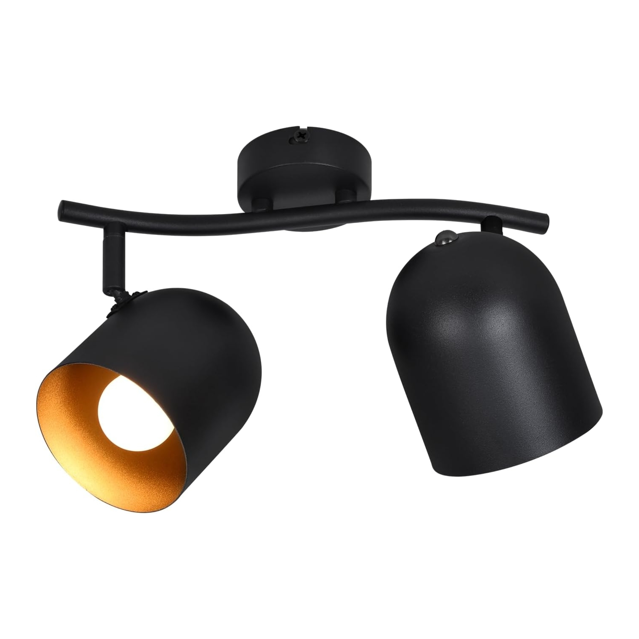 Un faretto da soffitto nero con due teste regolabili. Una luce è accesa, con interno dorato. L'altra è spenta.