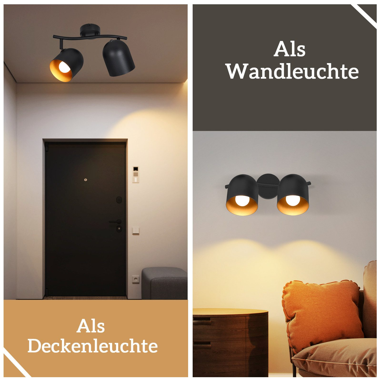 L'immagine mostra luci a soffitto e a parete. Lampade nere con interni dorati sono accese. Una porta scura è sullo sfondo.