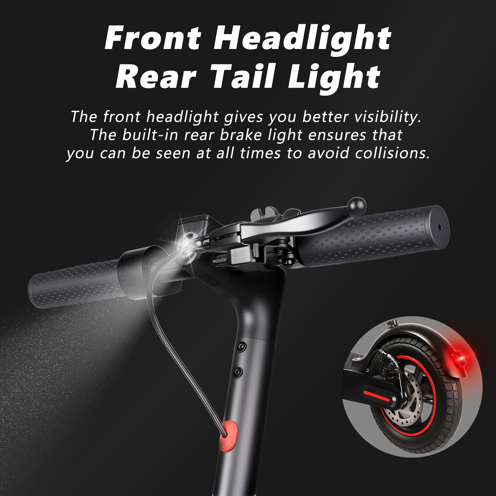 Czarny skuter z przednim reflektorem i tylnym światłem. Widoczne czerwone światło hamowania. Tekst: Reflektor przedni, światło tylne.