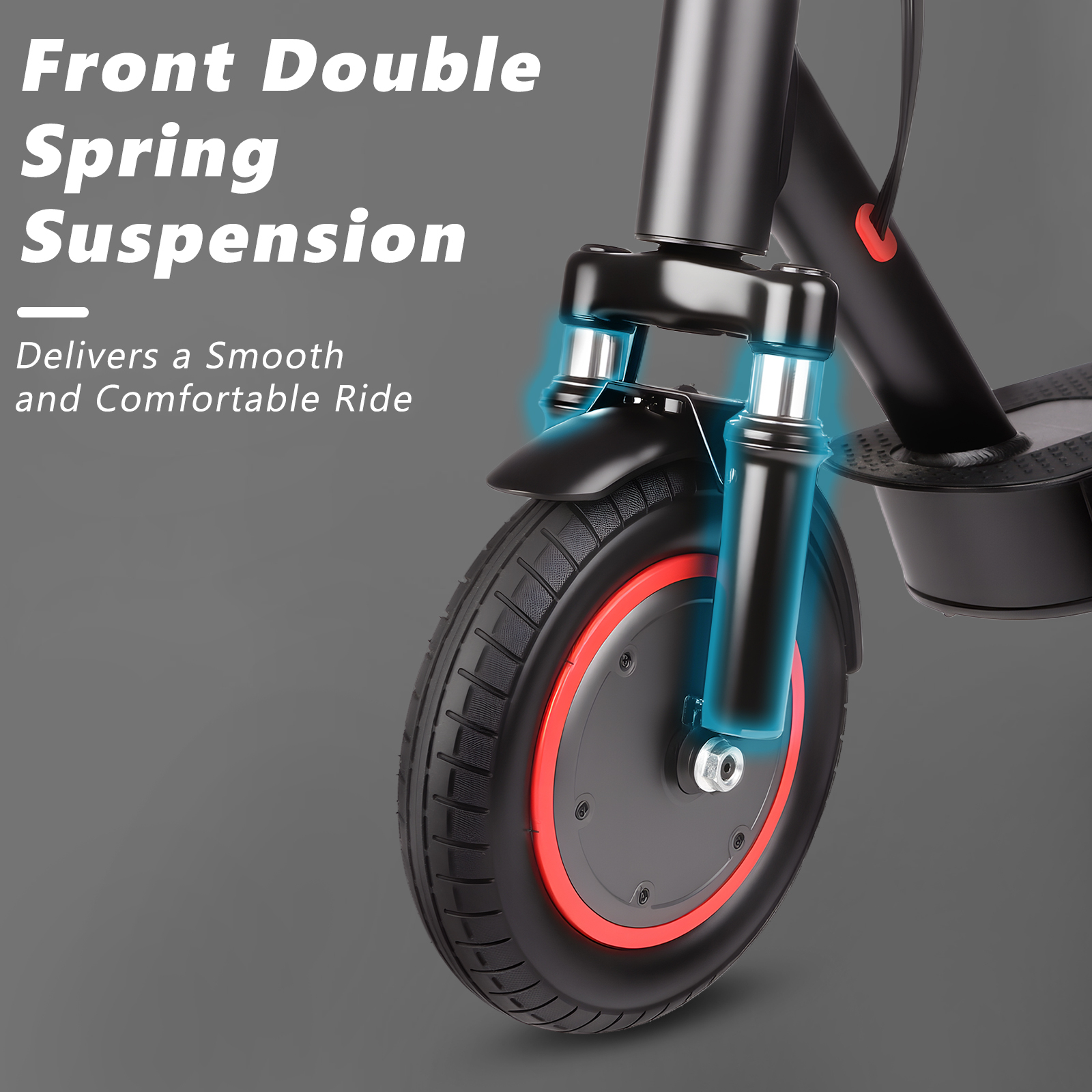 Zbliżenie przedniego koła hulajnogi elektrycznej. Czarna opona z czerwonym obramowaniem, czarne zawieszenie.