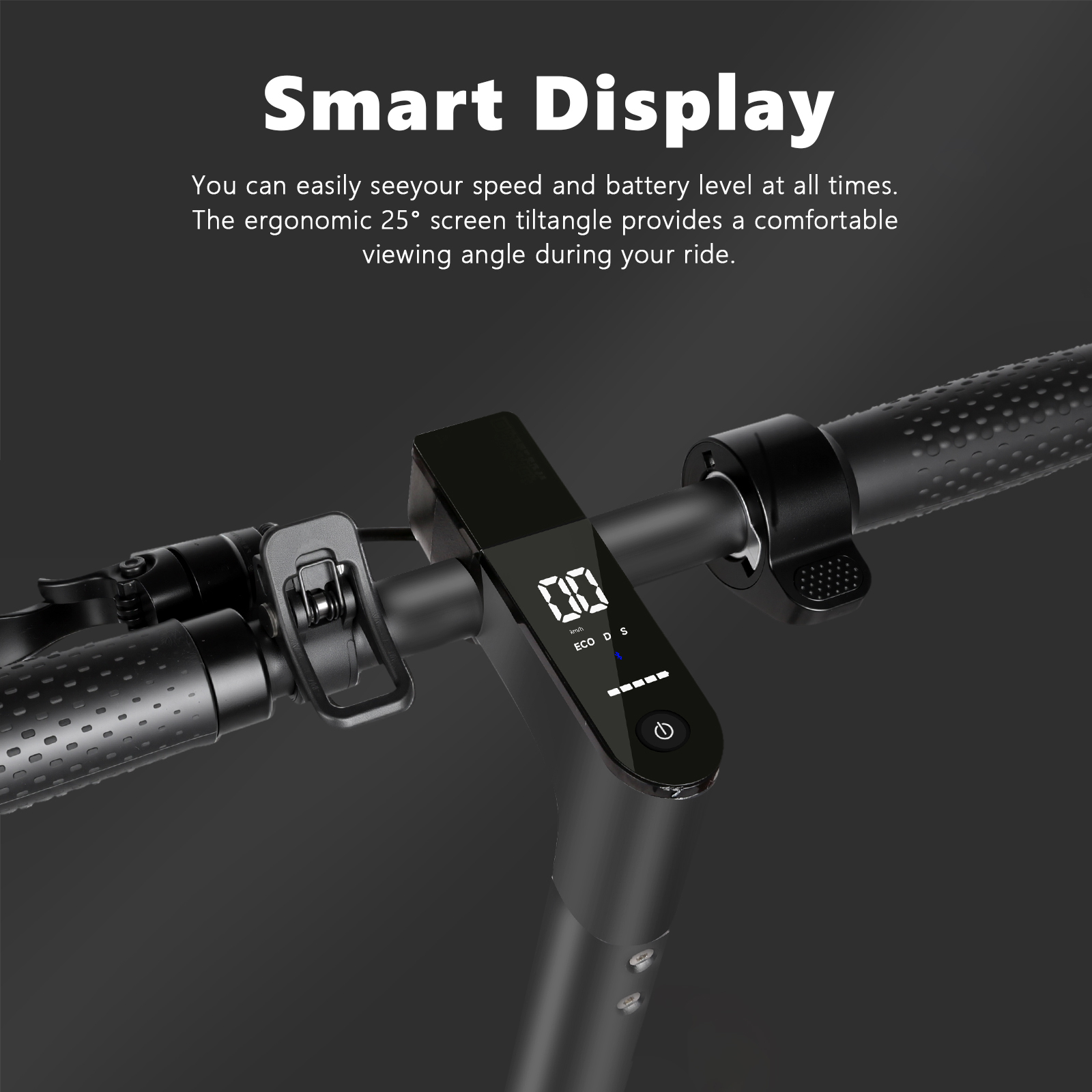 Czarna kierownica hulajnogi elektrycznej z wyświetlaczem pokazującym prędkość i baterię. Tekst: Smart Display.