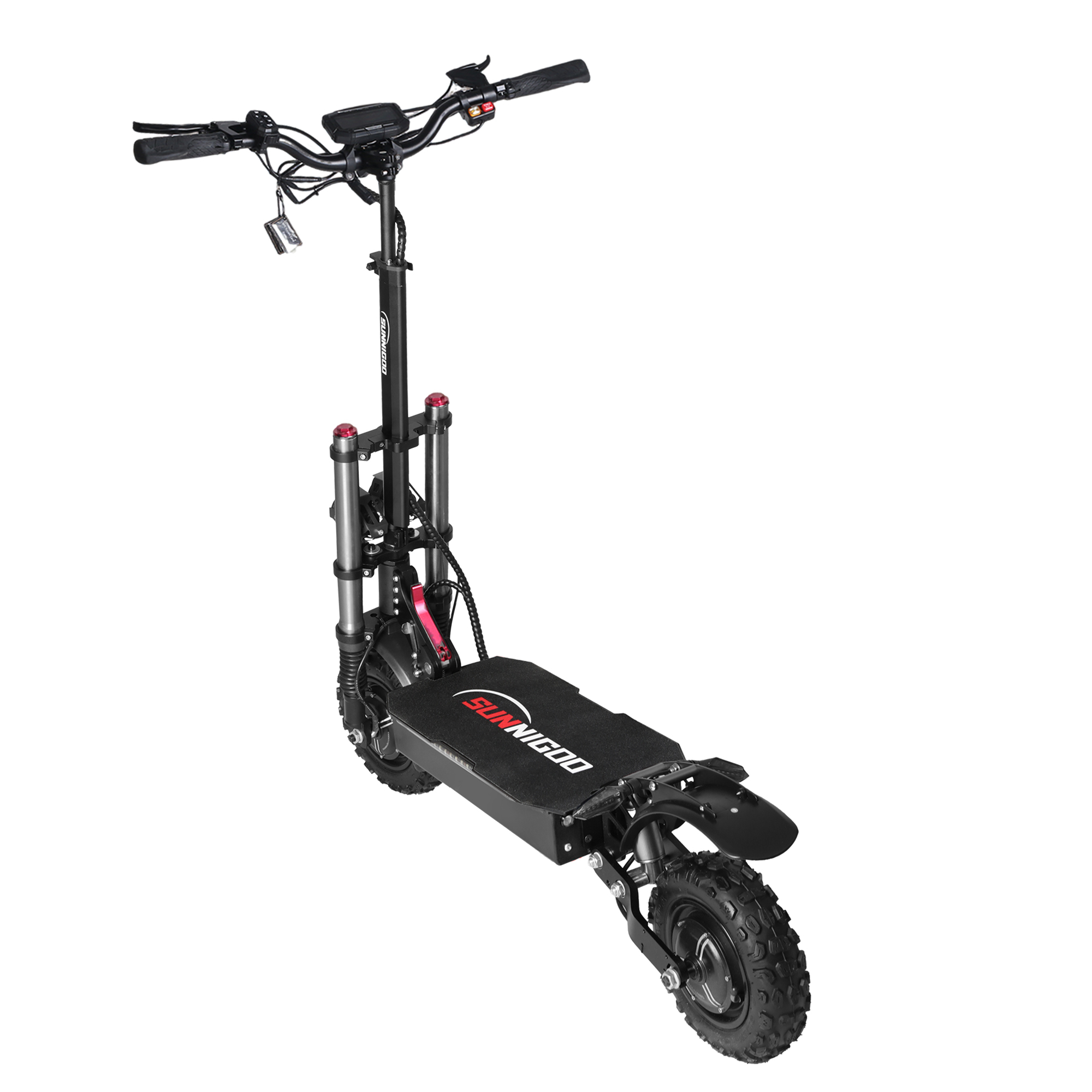 Czarna hulajnoga elektryczna z logo SUNNIGOO na podnóżku, czarnymi oponami i kierownicą z ekranem.