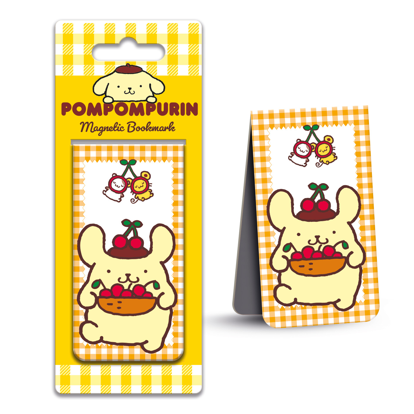 Ein Pompompurin-Magnetlesezeichen mit Kirschen. Das Lesezeichen ist gelb und orange, mit einem Cartoon-Hund.
