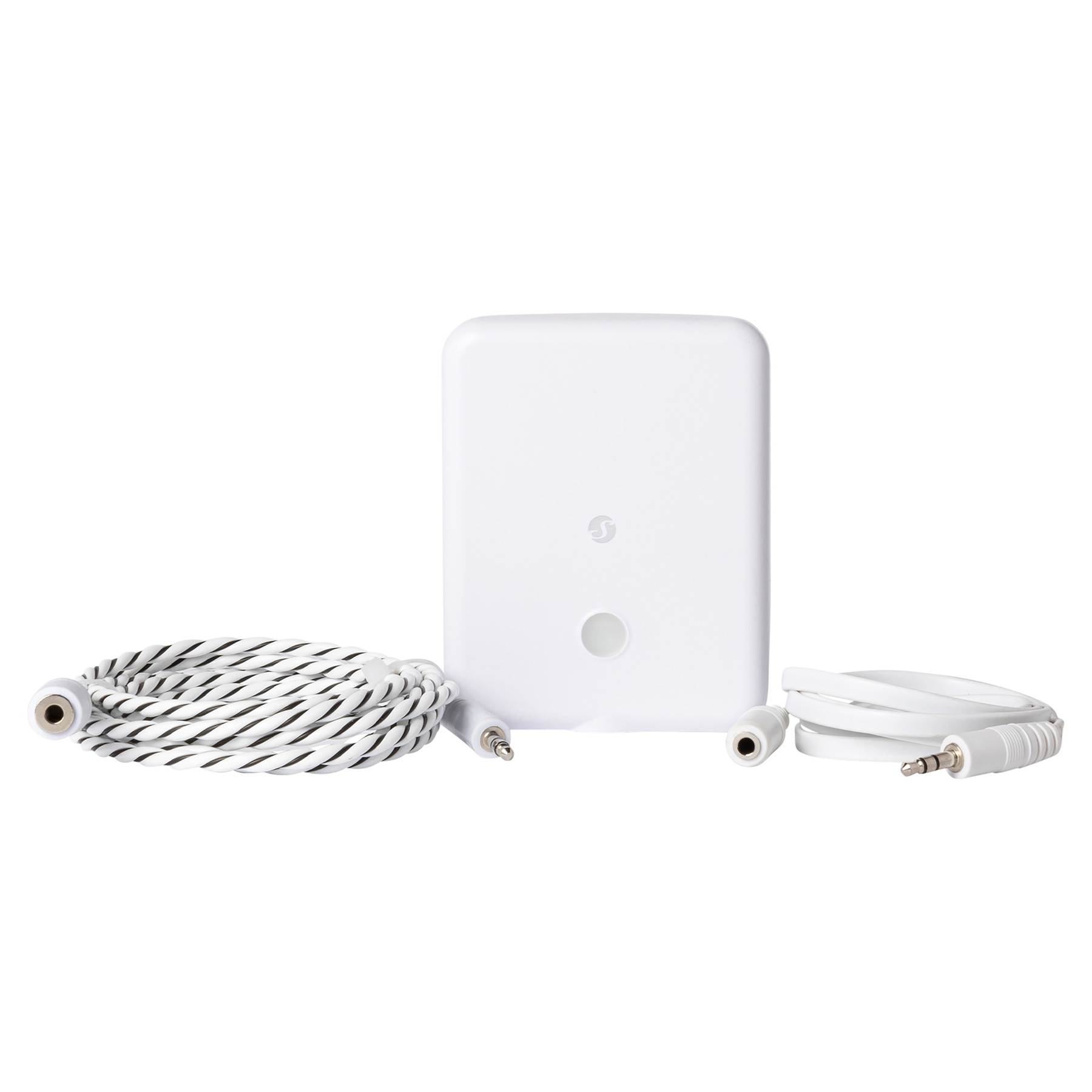 Białe urządzenie z kablem i dwoma gniazdami audio. Z przodu biało-czarny skręcony kabel.