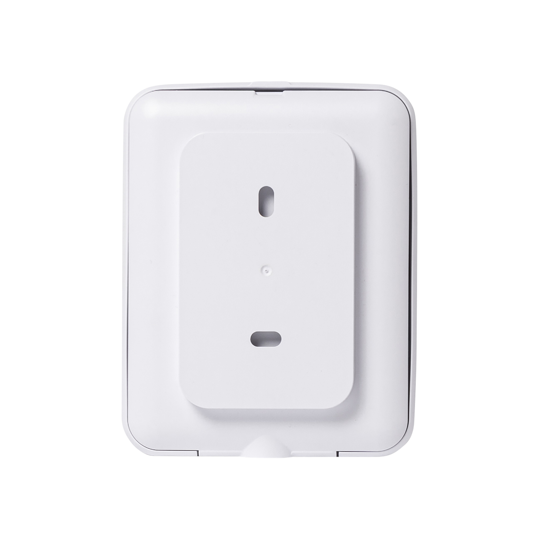 Białe, prostokątne urządzenie z mniejszą, prostokątną sekcją. Posiada dwa otwory i centralny element przypominający przycisk.
