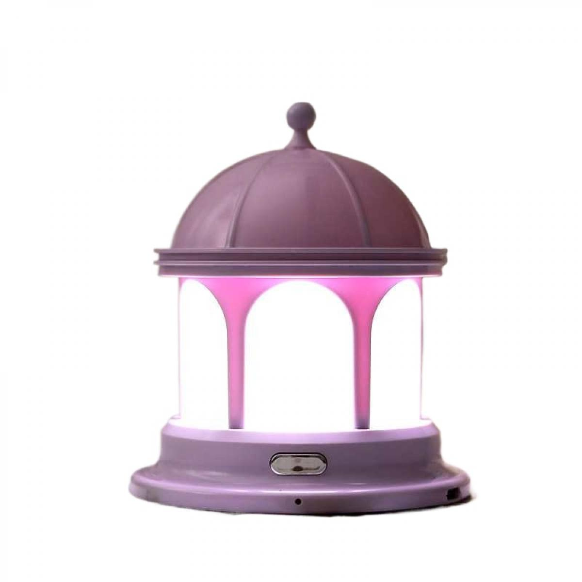 Eine lavendelfarbene, beleuchtete dekorative Lampe. Sie hat ein bogenförmiges Design mit einer Kuppel und einem Sockel. Das Licht ist pink.