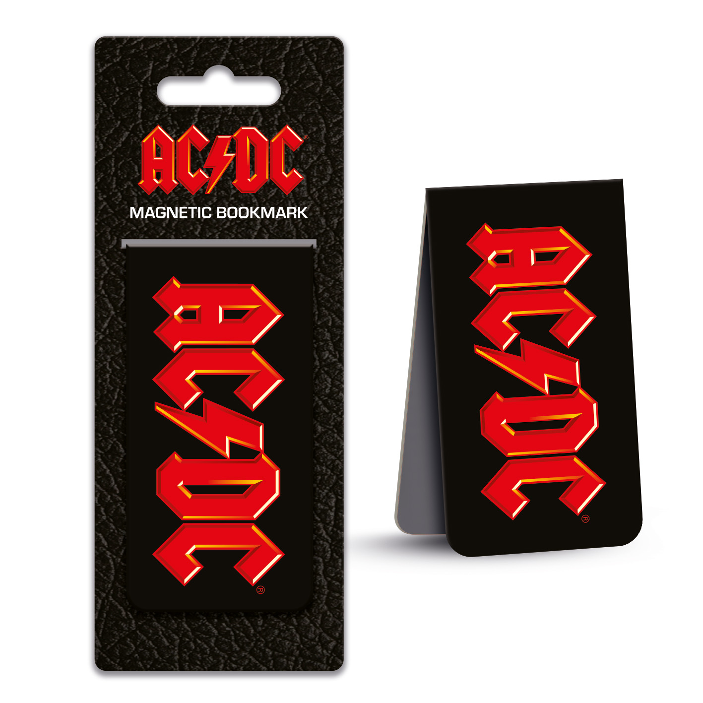 AC/DC Magnet-Lesezeichen. Rotes und gelbes Logo auf schwarzem Hintergrund. Ein Lesezeichen ist aufgeklappt.