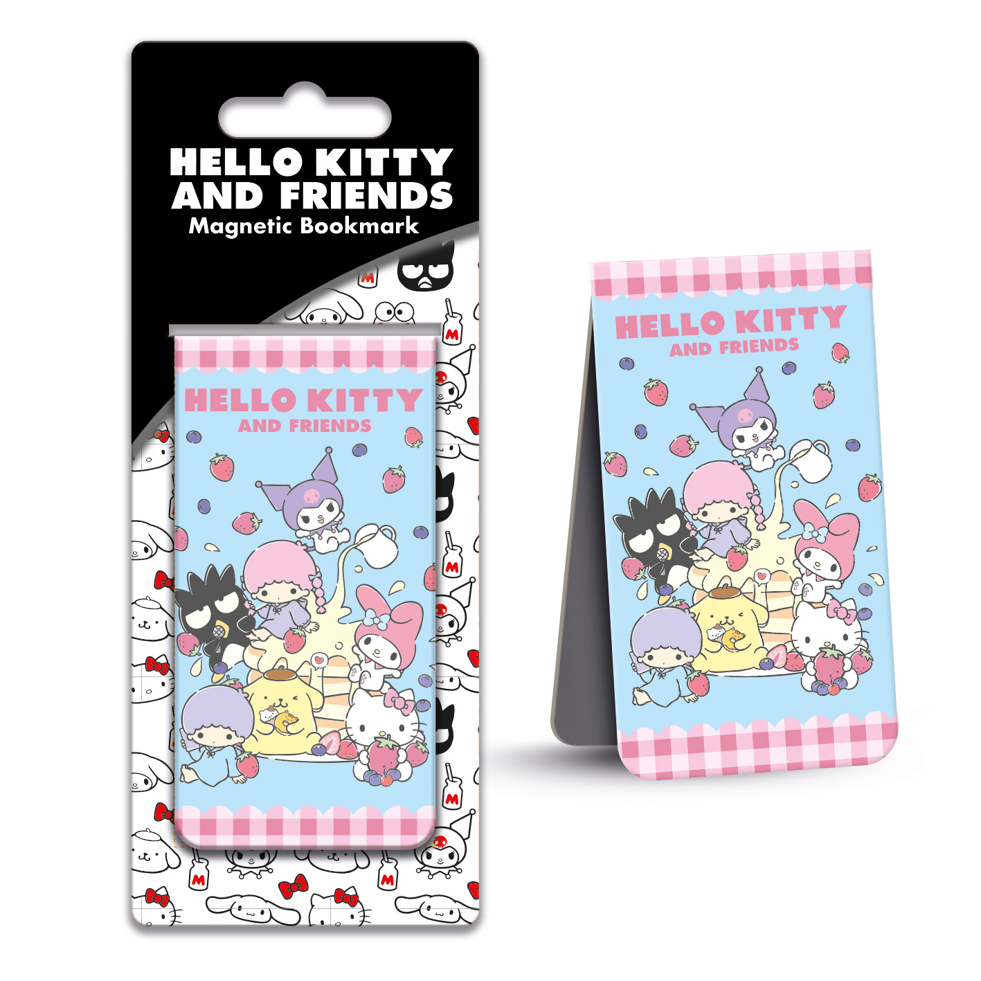 Hello Kitty und Freunde Magnet-Lesezeichen. Figuren auf hellblauem Hintergrund mit Erdbeeren. Schwarze Rückseite und Verpackung.