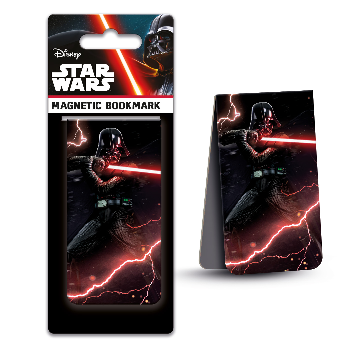 Ein Star Wars Magnetlesezeichen mit Darth Vader, der ein rotes Lichtschwert schwingt. Das Lesezeichen ist schwarz mit weißem Star Wars Logo.