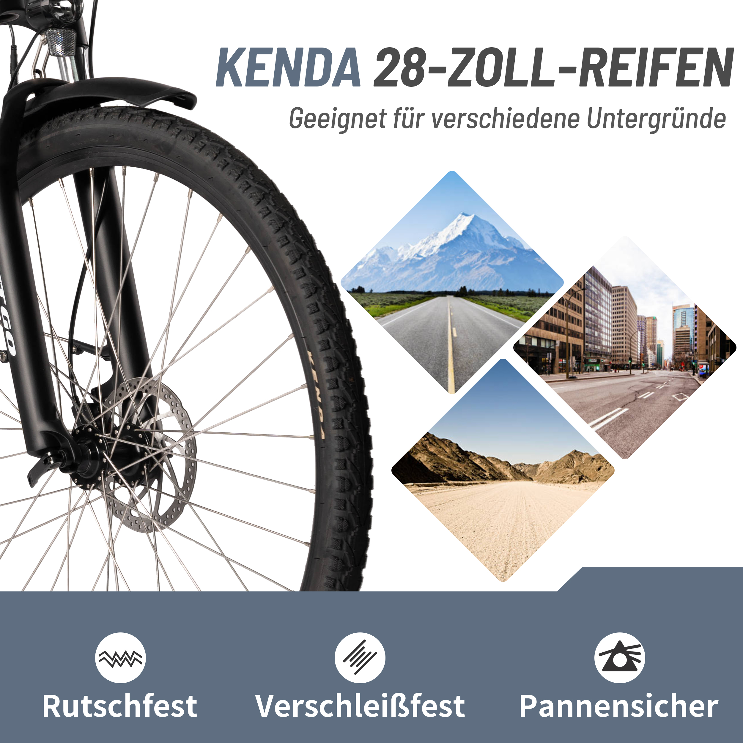 Schwarzer Fahrradreifen, Text 'Kenda 28-Zoll-Reifen'. Bilder zeigen verschiedene Terrains: Berg, Straße, Stadt, Wüste. Icons unten.