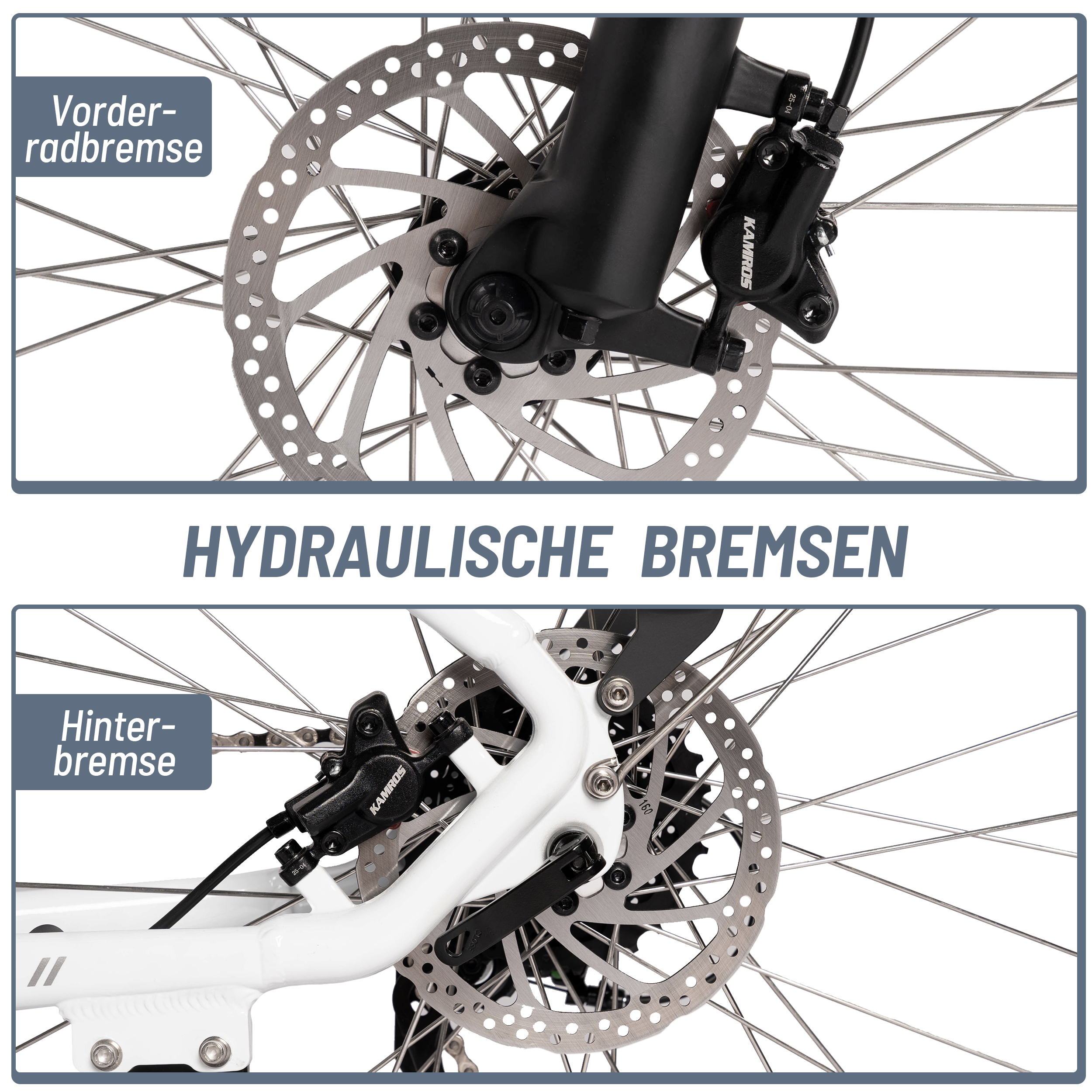 Nahaufnahme eines Fahrrads mit hydraulischen Bremsen. Vordere und hintere Scheibenbremsen mit Textbeschriftungen.