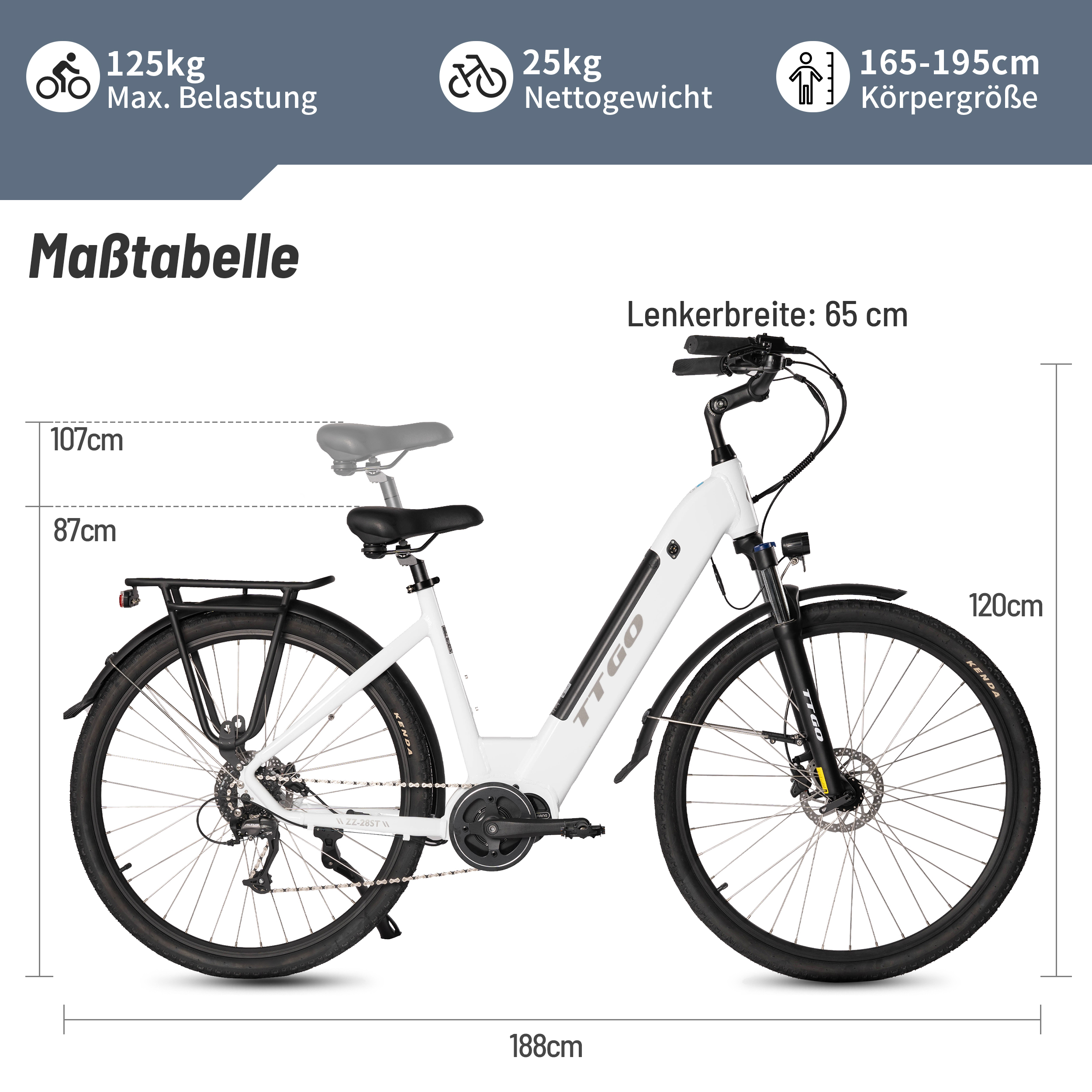 Ein weißes TTGO-Elektrofahrrad mit schwarzen Reifen, einem schwarzen Sitz und daneben angezeigten Abmessungen.