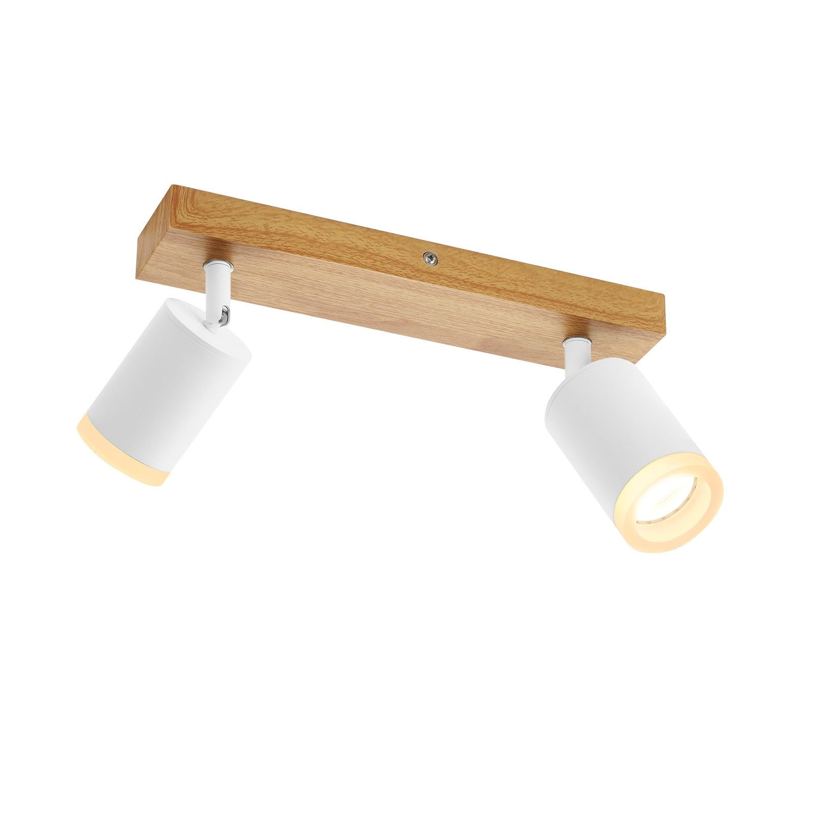Un faretto da soffitto bianco con due lampade, montato su una base di legno. Le lampade sono cilindriche e angolate.