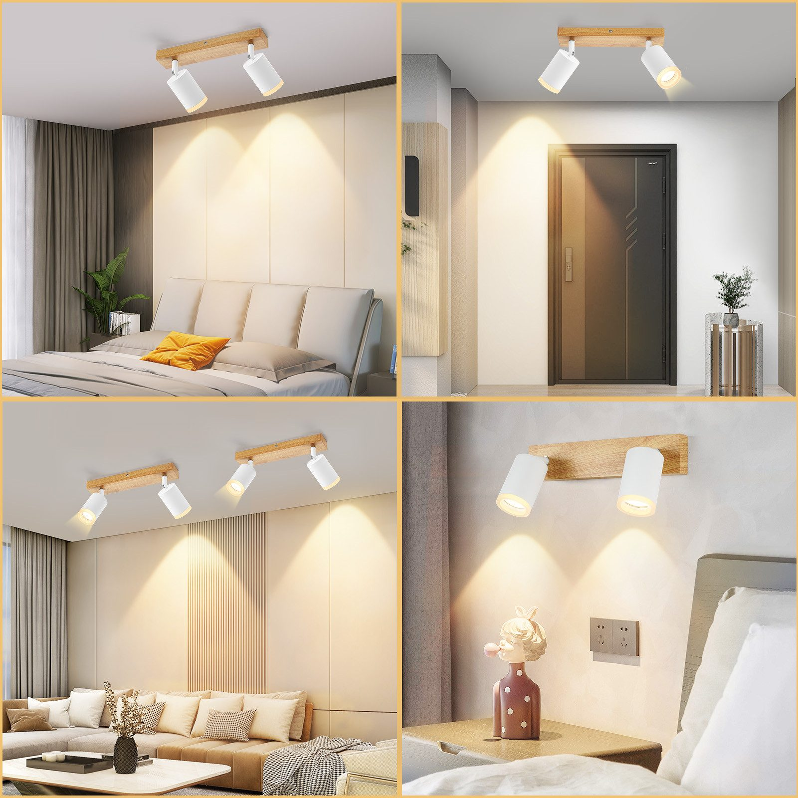 Quattro scene di interni con faretti. Le stanze includono camere da letto, soggiorno e ingresso. Gli apparecchi sono in legno con luci bianche.