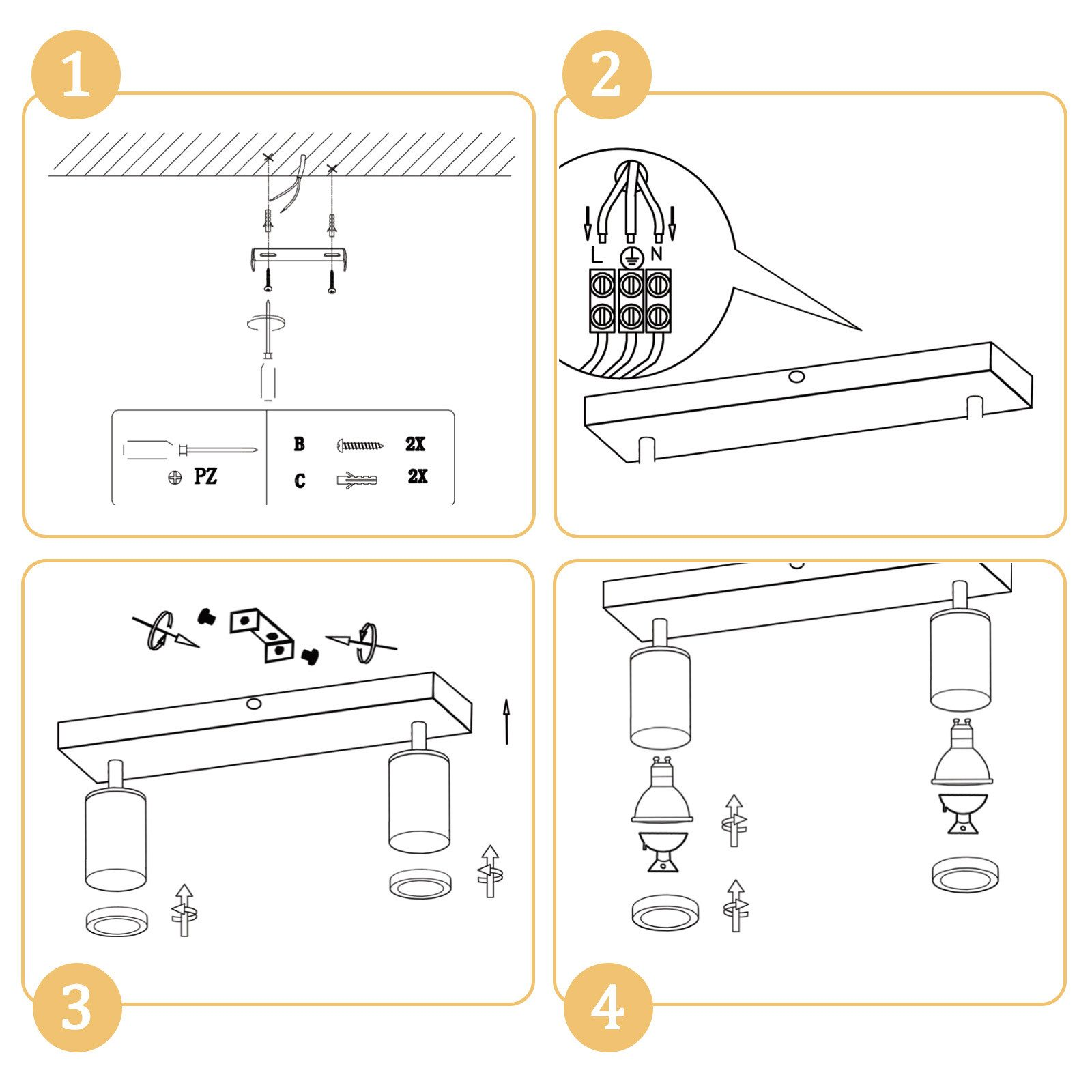 Il diagramma mostra i passaggi per installare un apparecchio di illuminazione. Include parti, cablaggio e istruzioni di montaggio.