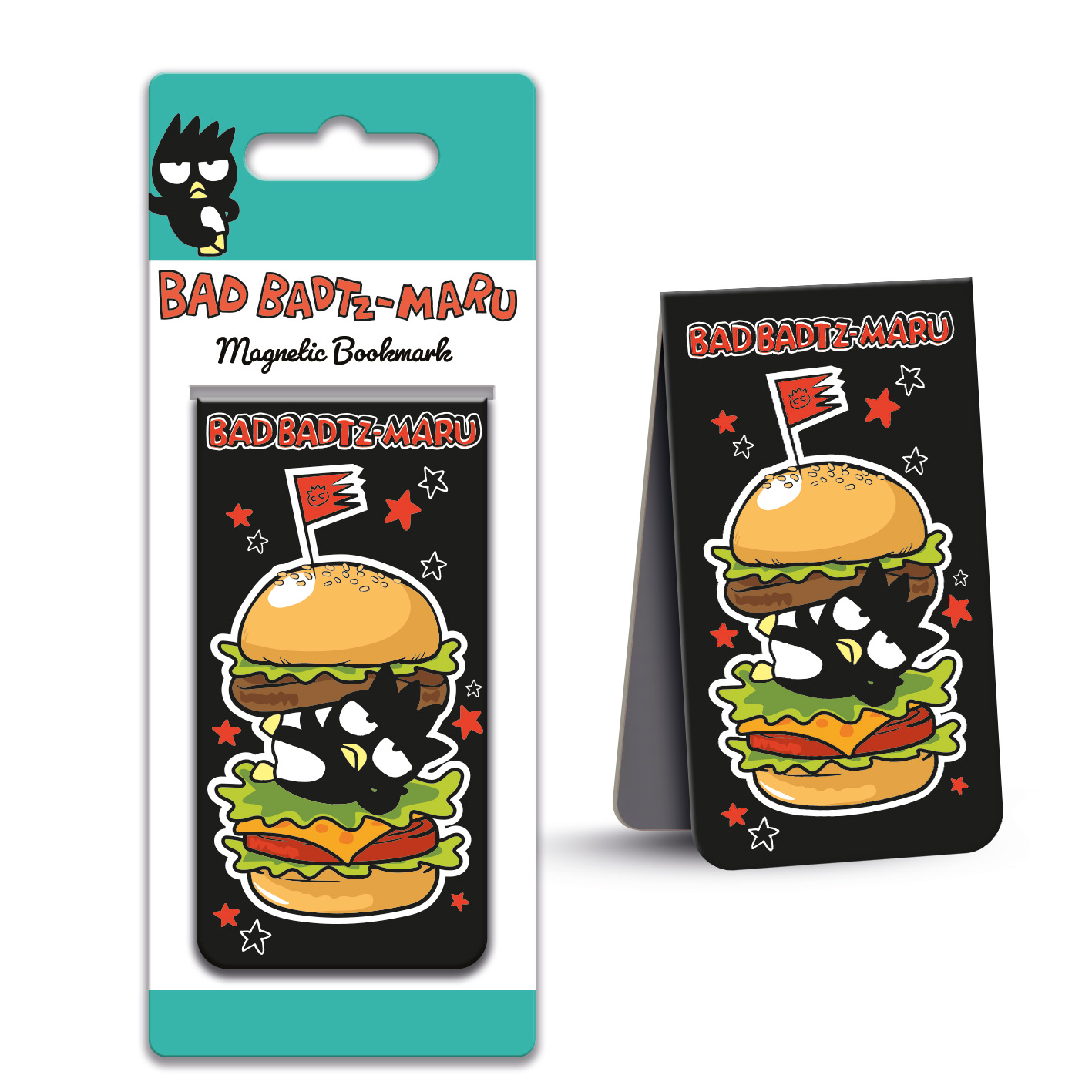 Ein Bad Badtz-Maru magnetischer Lesezeichen. Das Design zeigt einen Burger mit der Figur darin. Die Verpackung zeigt das gleiche Bild.