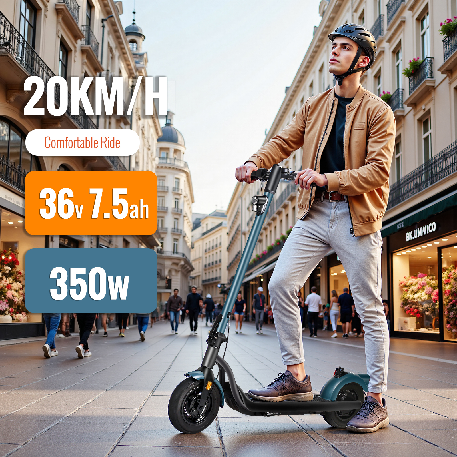 Mężczyzna jedzie na hulajnodze elektrycznej na ulicy miasta. Budynki otaczają ulicę, a w tle widać innych ludzi.