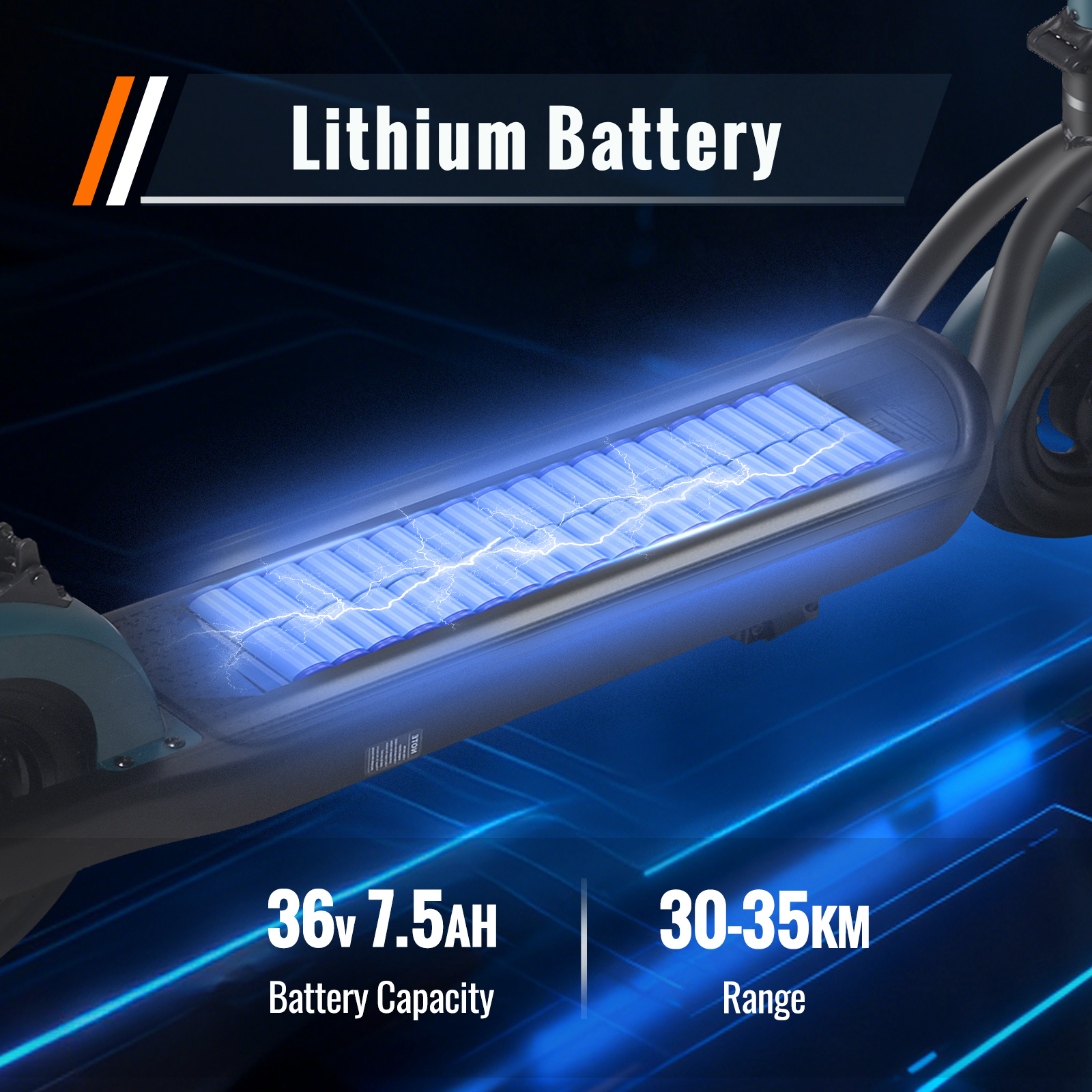 Obraz przedstawia hulajnogę elektryczną z podświetlonym akumulatorem litowym. Tekst wskazuje pojemność i zasięg baterii.